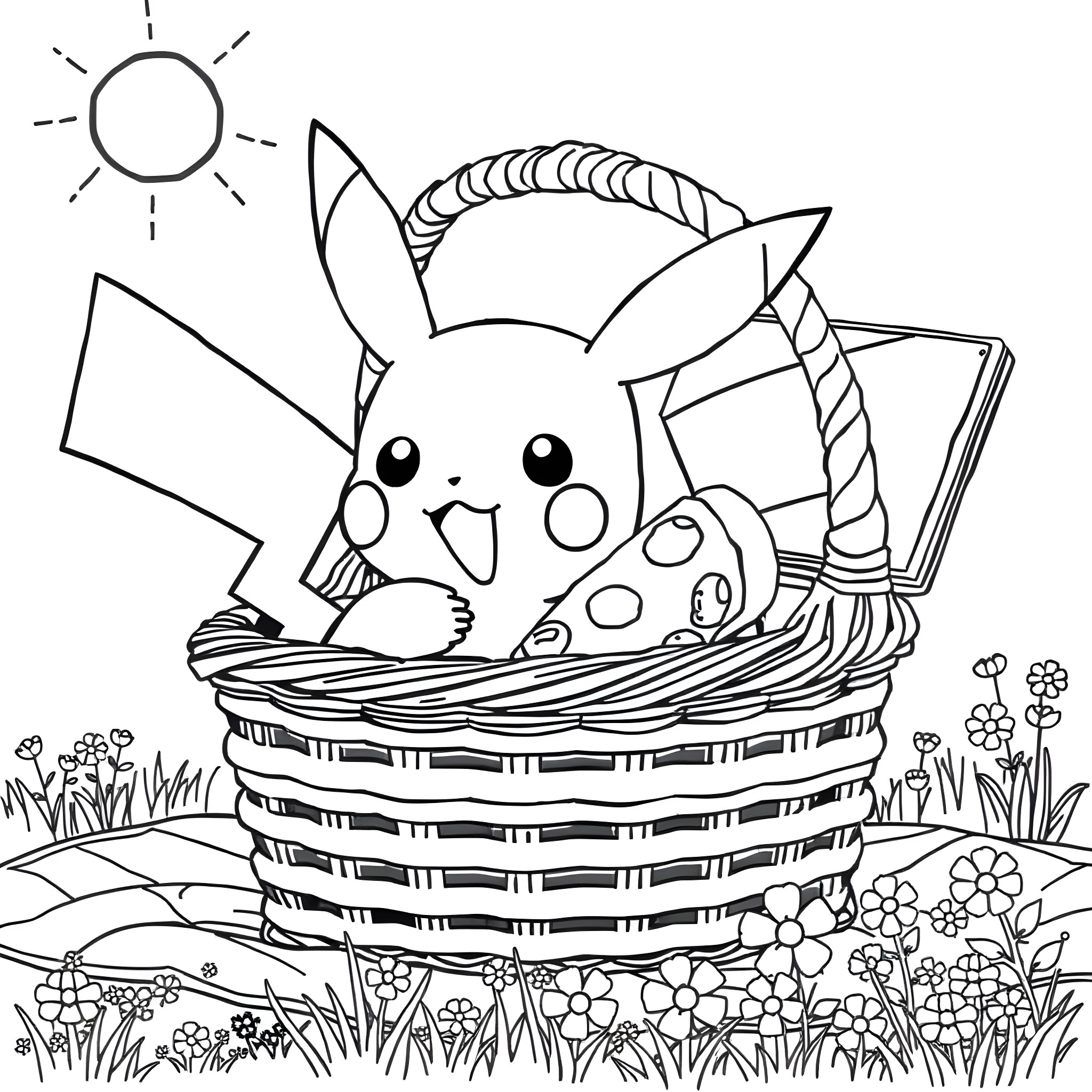 Pikachu playing cheerfully in a wicker basket Coloring Page (free black-and-white line drawing printable PDF for all, from beginners to advanced learners, including children, teens, adults, and seniors)