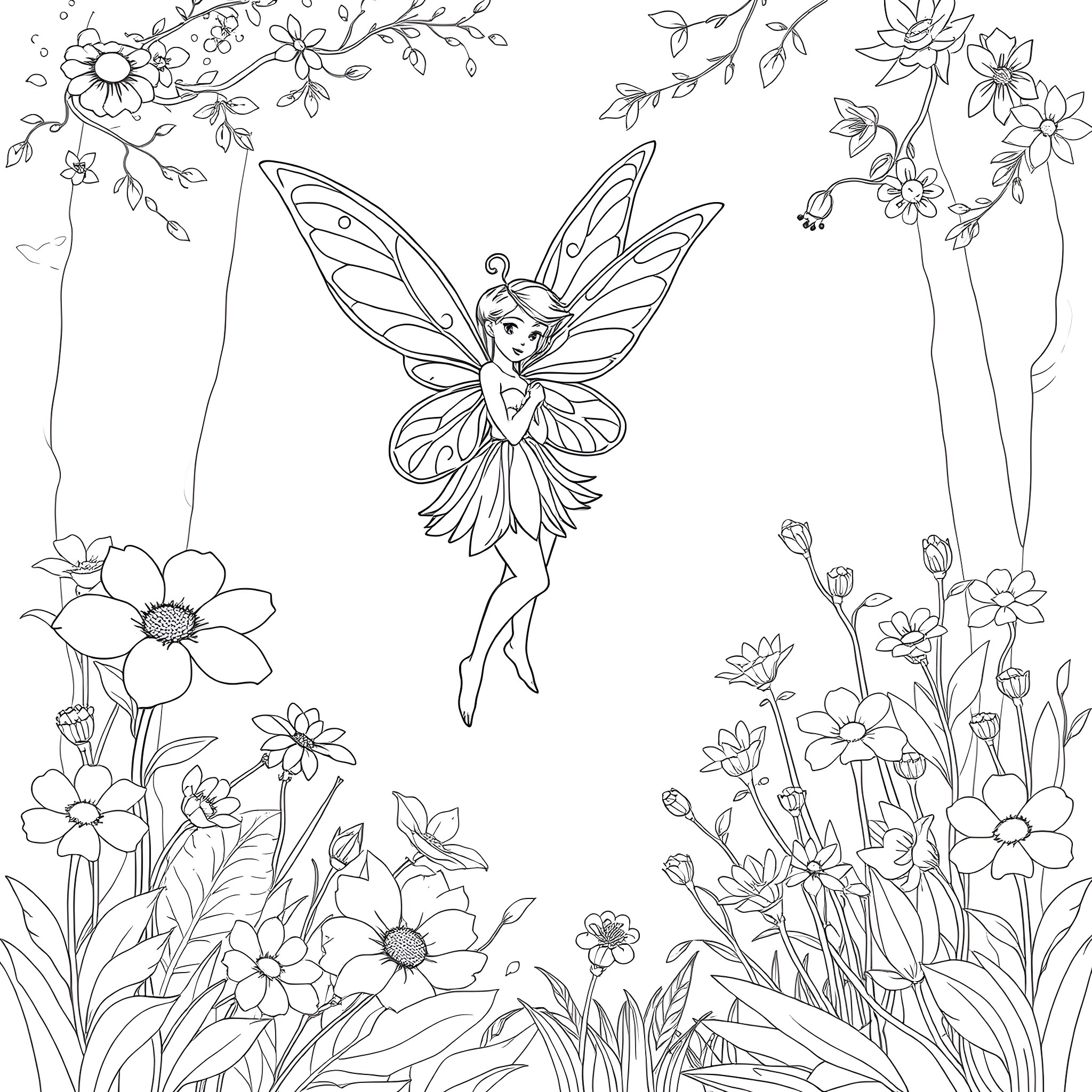 Fairy enchantress dancing among blooming flowers Coloring Page (free black-and-white line drawing printable PDF for all, from beginners to advanced learners, including children, teens, adults, and seniors)