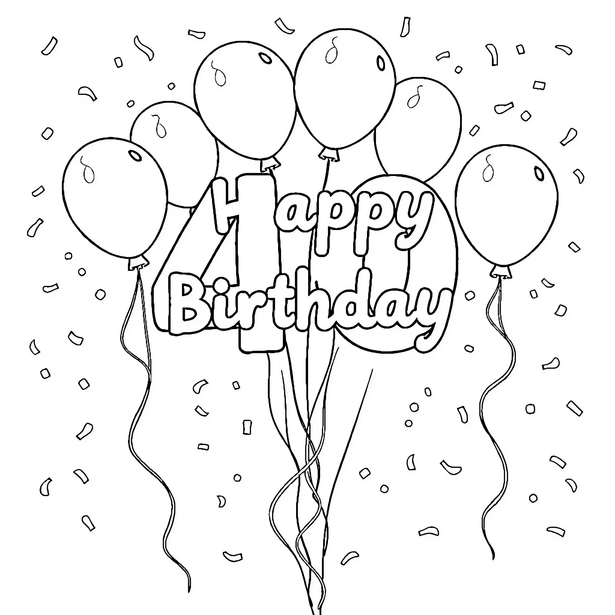 Birthday Card with Balloons and Confetti Coloring Page (free black-and-white line drawing printable PDF for all, from beginners to advanced learners, including children, teens, adults, and seniors)