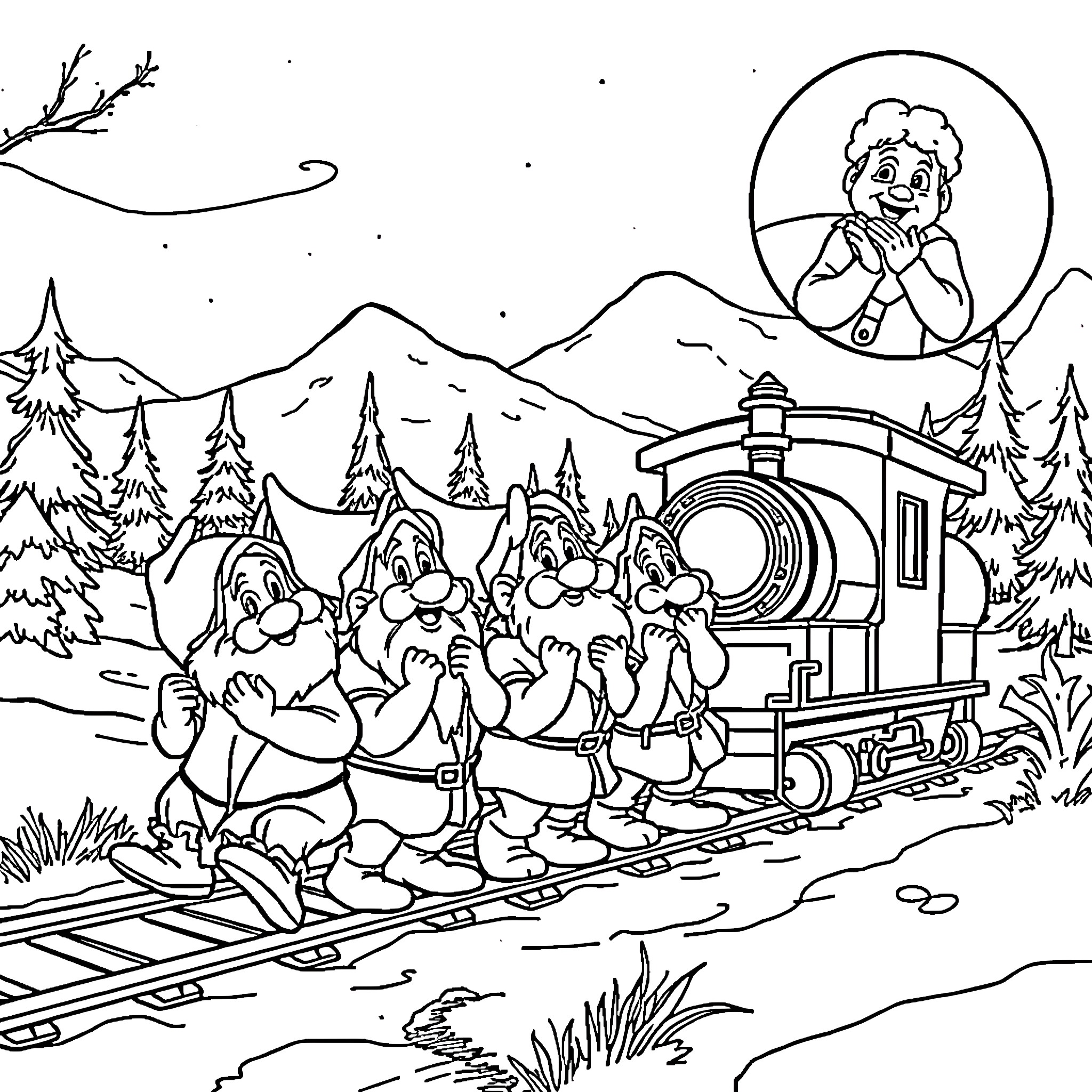 Dwarf workers riding a train through the mountains Coloring Page (free black-and-white line drawing printable PDF for all, from beginners to advanced learners, including children, teens, adults, and seniors)