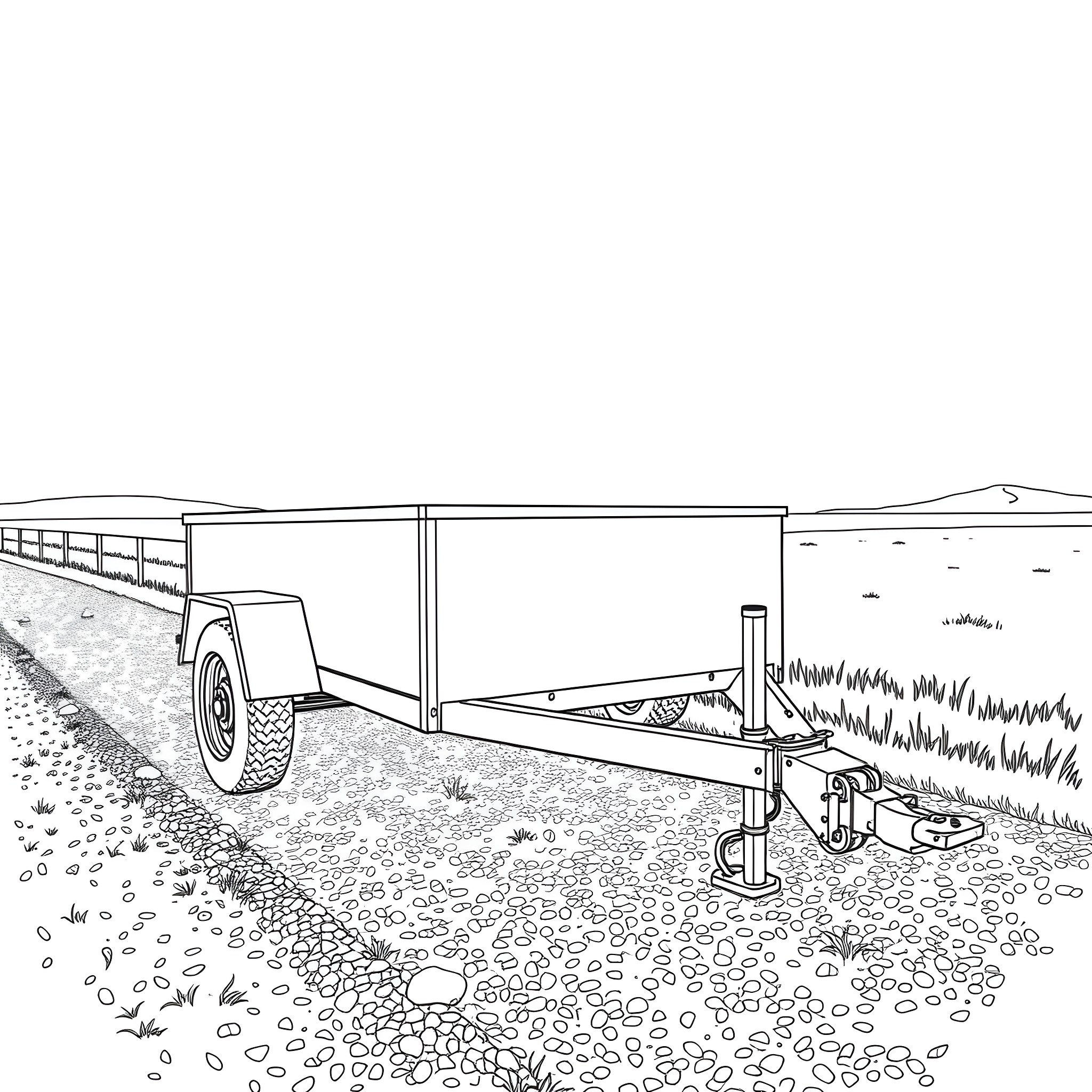 Car Trailer Carrying Supplies on Rural Road Coloring Page (free black-and-white line drawing printable PDF for all, from beginners to advanced learners, including children, teens, adults, and seniors)