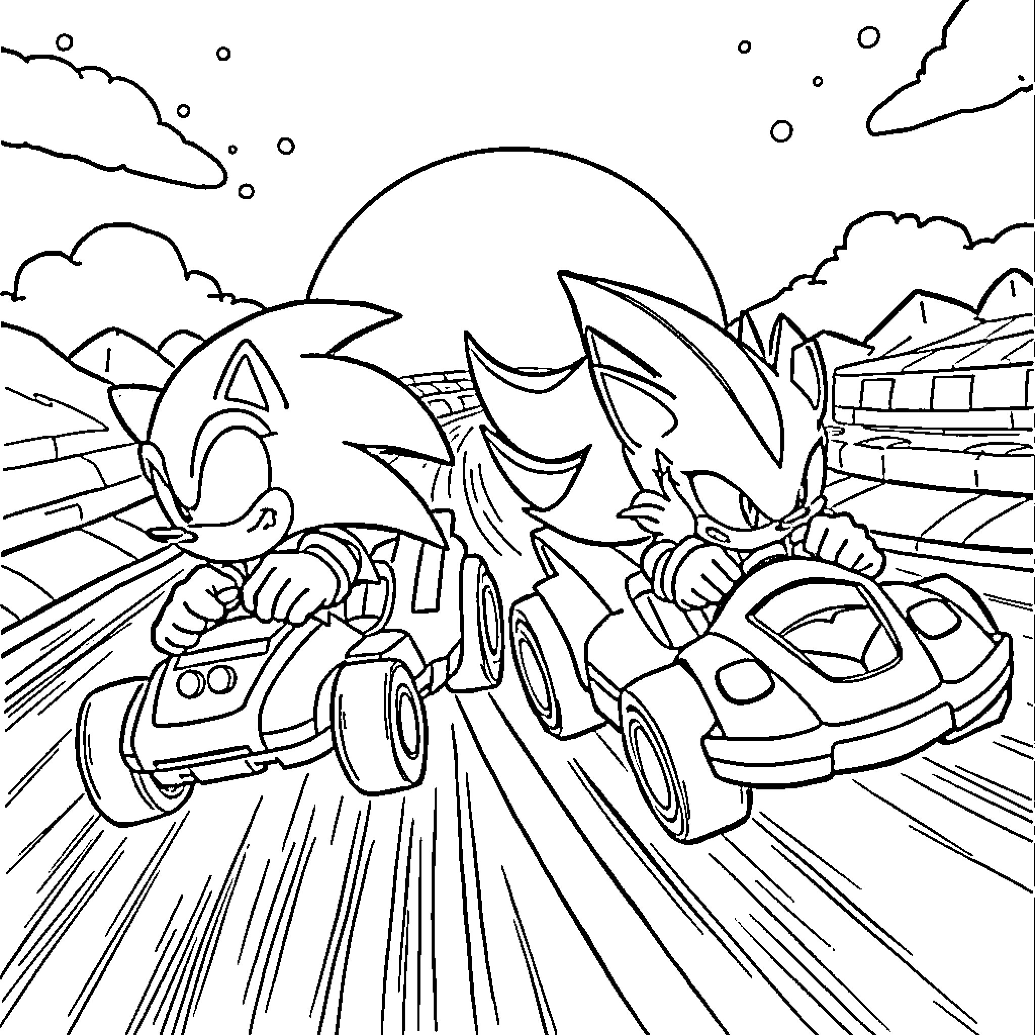 Sonic Speeding Through Racetrack with Friends Coloring Page (free black-and-white line drawing printable PDF for all, from beginners to advanced learners, including children, teens, adults, and seniors)