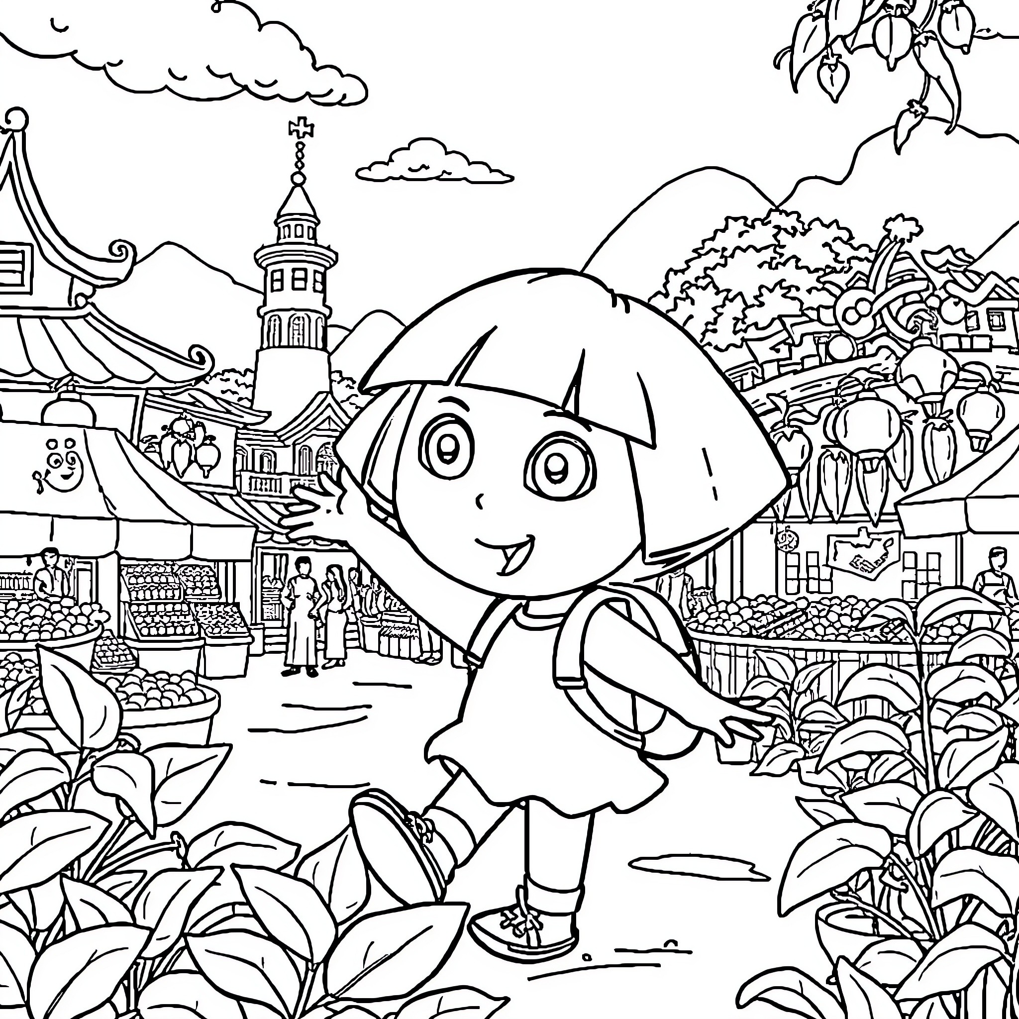 Dora's Adventure in the Whimsical Cartoon World Coloring Page (free black-and-white line drawing printable PDF for all, from beginners to advanced learners, including children, teens, adults, and seniors)