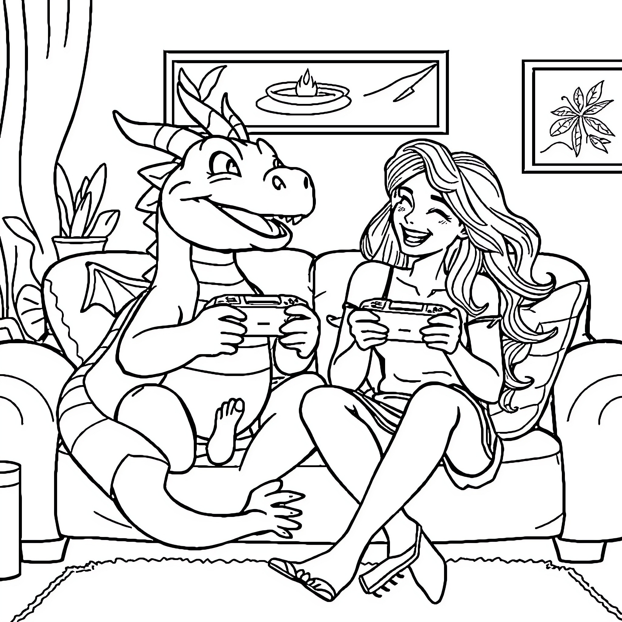 Dragon and Girl Playing Video Games Together Coloring Page (free black-and-white line drawing printable PDF for all, from beginners to advanced learners, including children, teens, adults, and seniors)