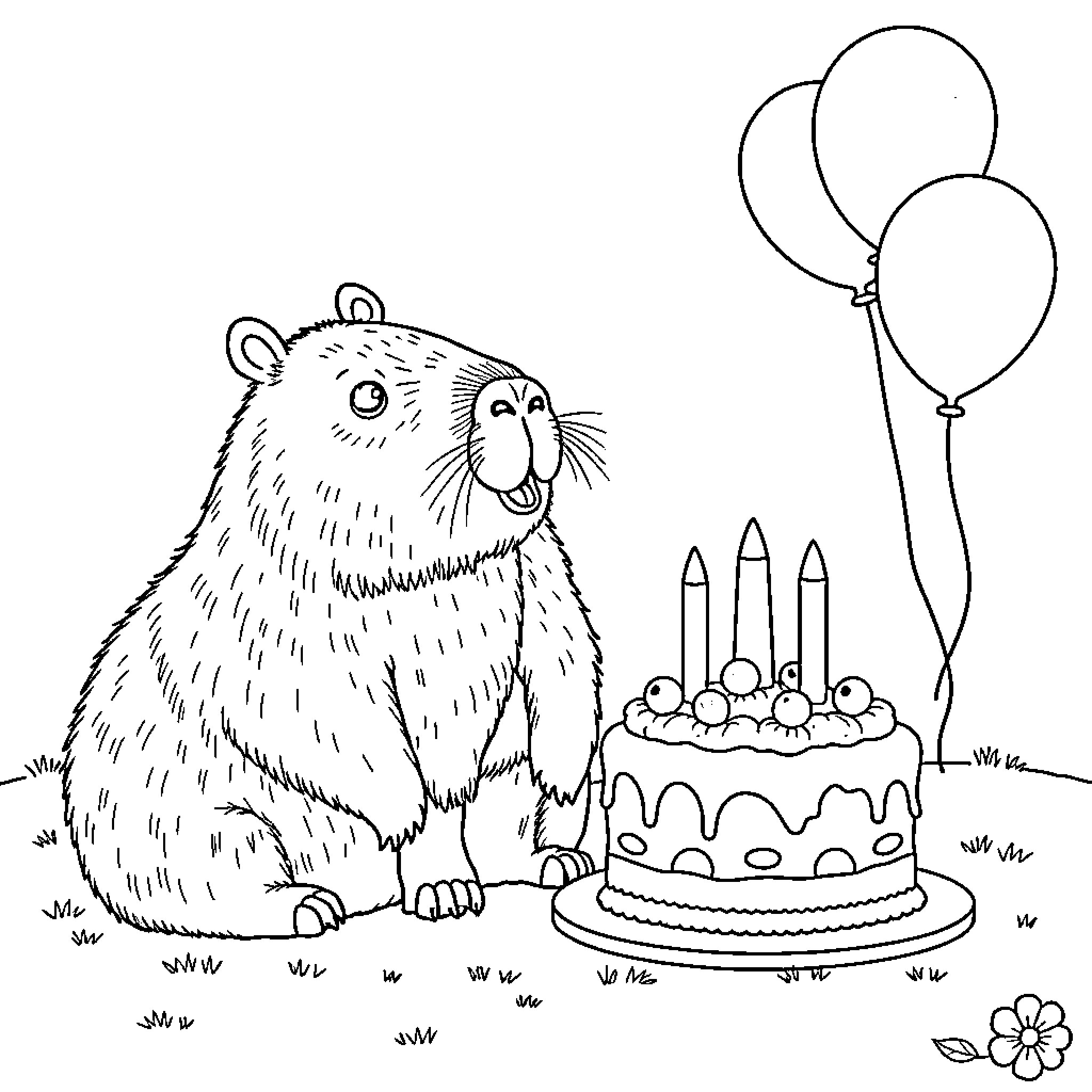 Capybara celebrates birthday with cake and balloons Coloring Page (free black-and-white line drawing printable PDF for all, from beginners to advanced learners, including children, teens, adults, and seniors)
