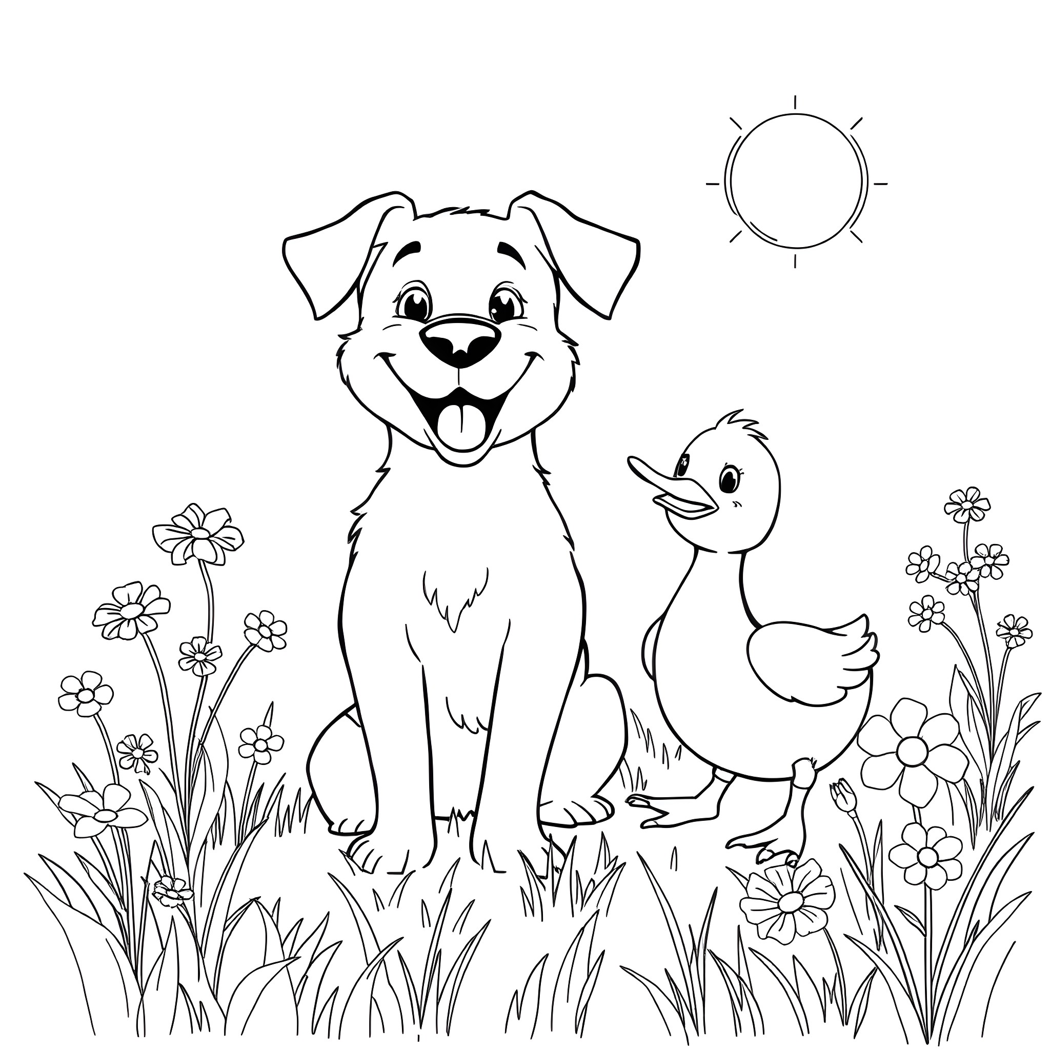 Dog and Duck Enjoying a Sunny Day in the Garden Coloring Page (free black-and-white line drawing printable PDF for all, from beginners to advanced learners, including children, teens, adults, and seniors)