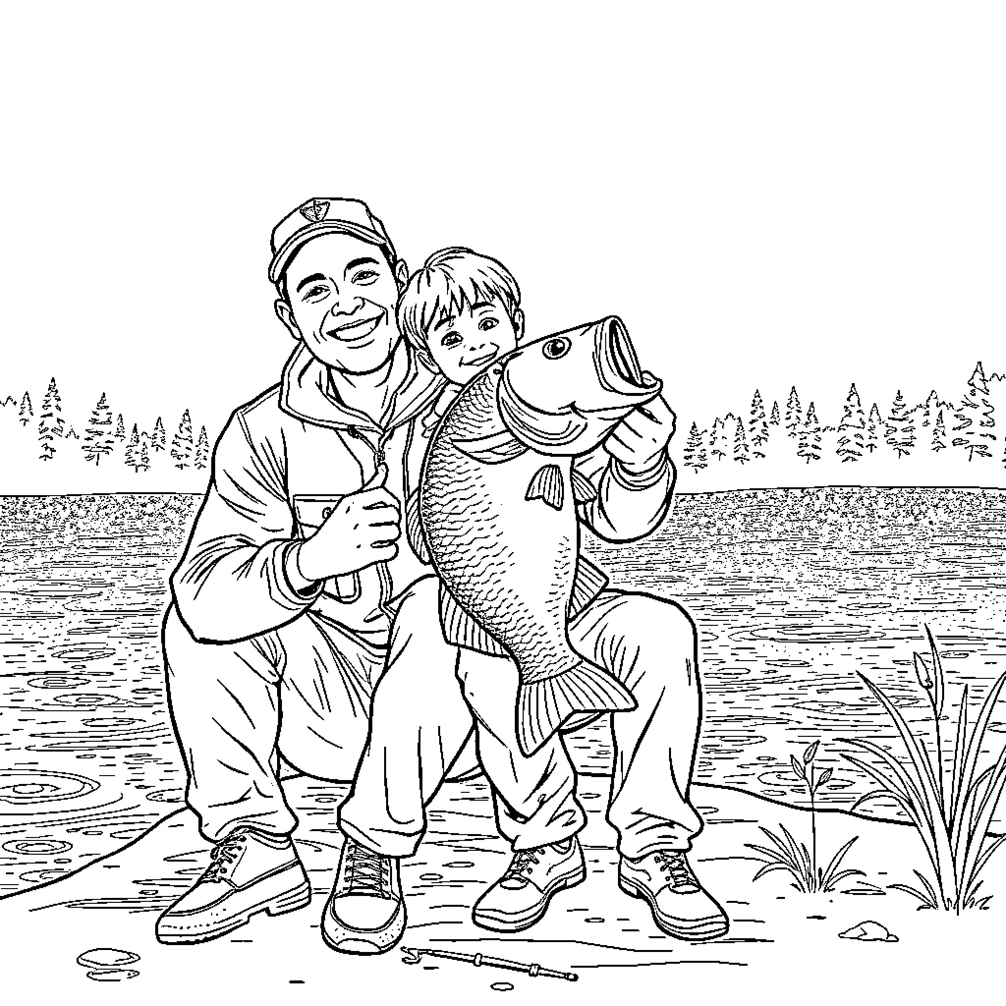 Dad and Boy Fishing Happily by the Lake Coloring Page (free black-and-white line drawing printable PDF for all, from beginners to advanced learners, including children, teens, adults, and seniors)