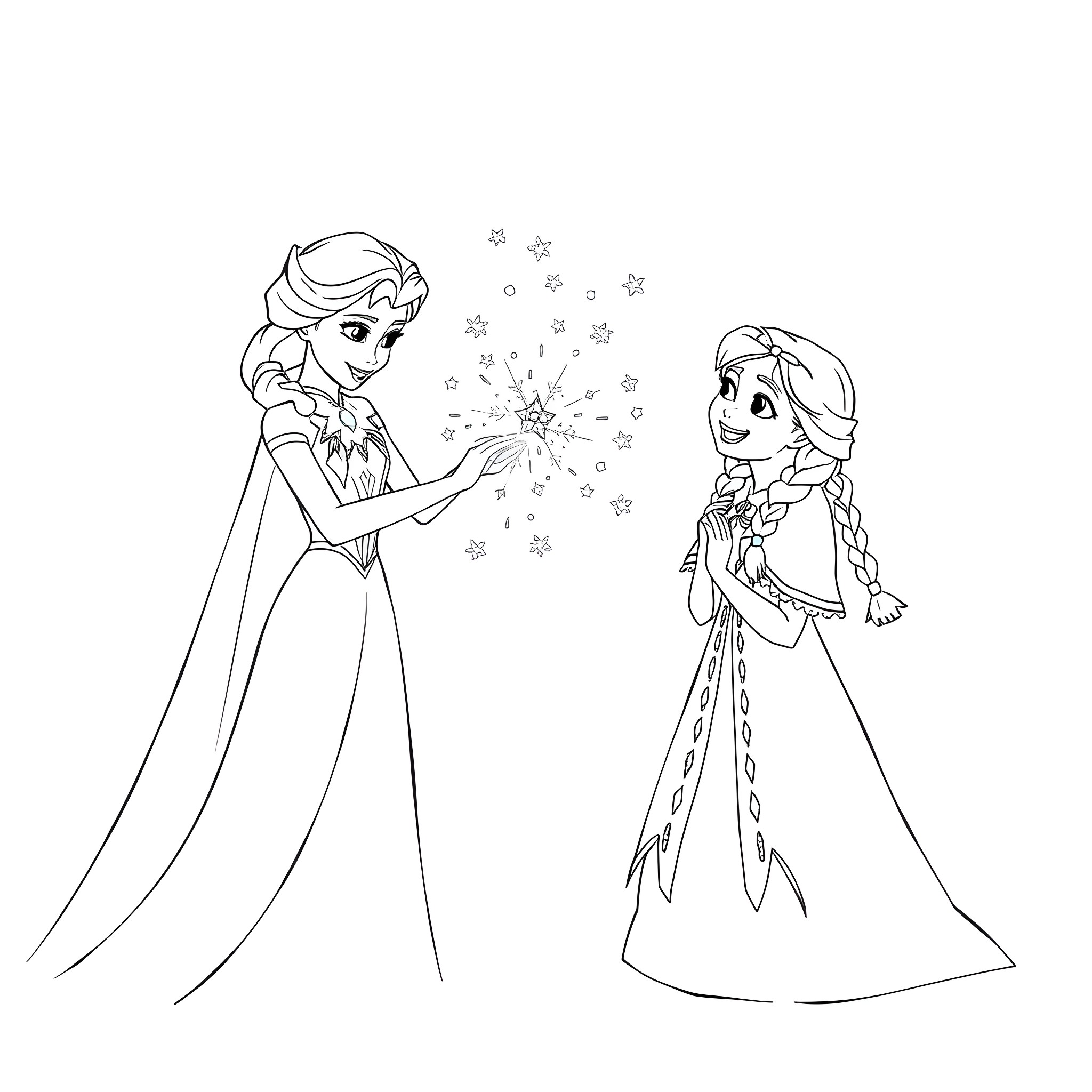 Elsa and Anna enjoying a magical moment Coloring Page (free black-and-white line drawing printable PDF for all, from beginners to advanced learners, including children, teens, adults, and seniors)