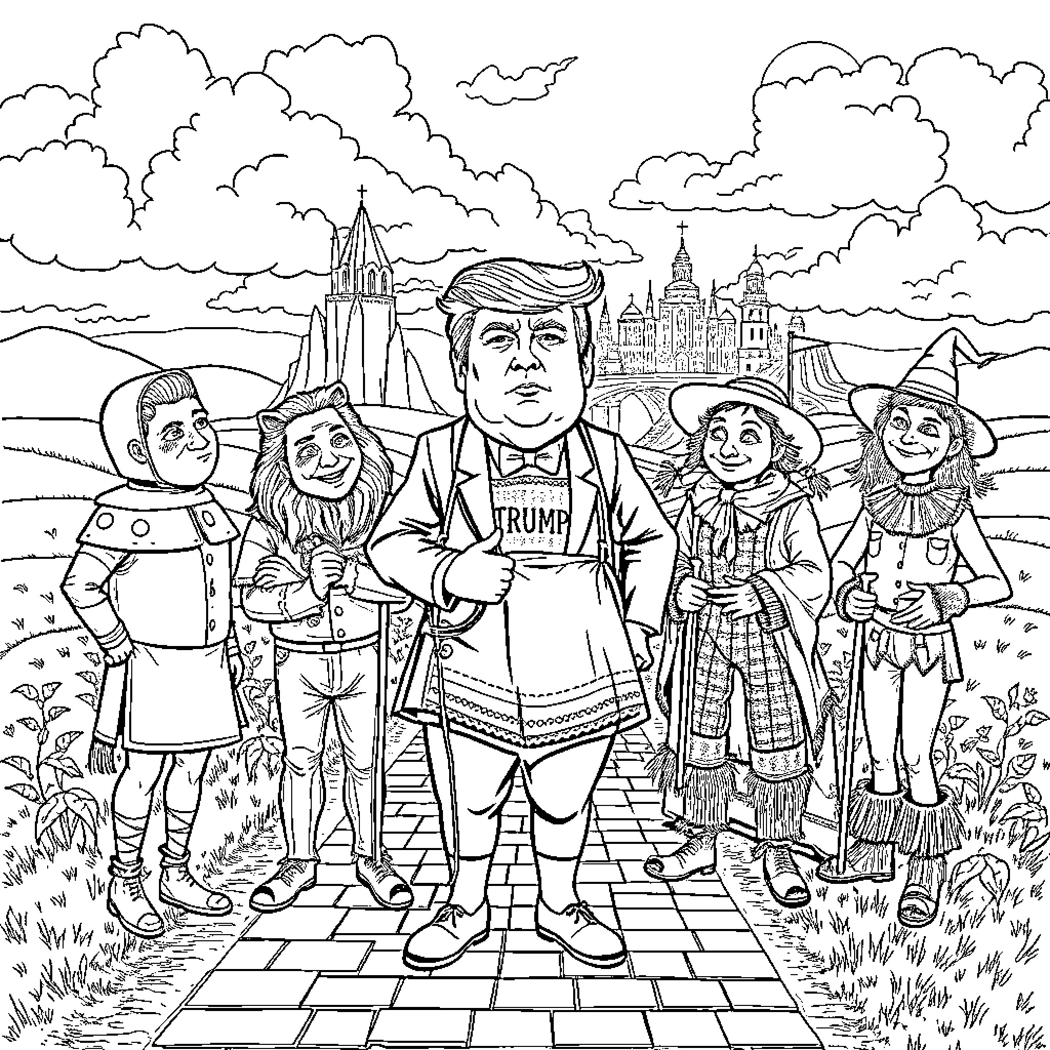 Donald Trump and characters from the Wizard of Oz Coloring Page (free black-and-white line drawing printable PDF for all, from beginners to advanced learners, including children, teens, adults, and seniors)