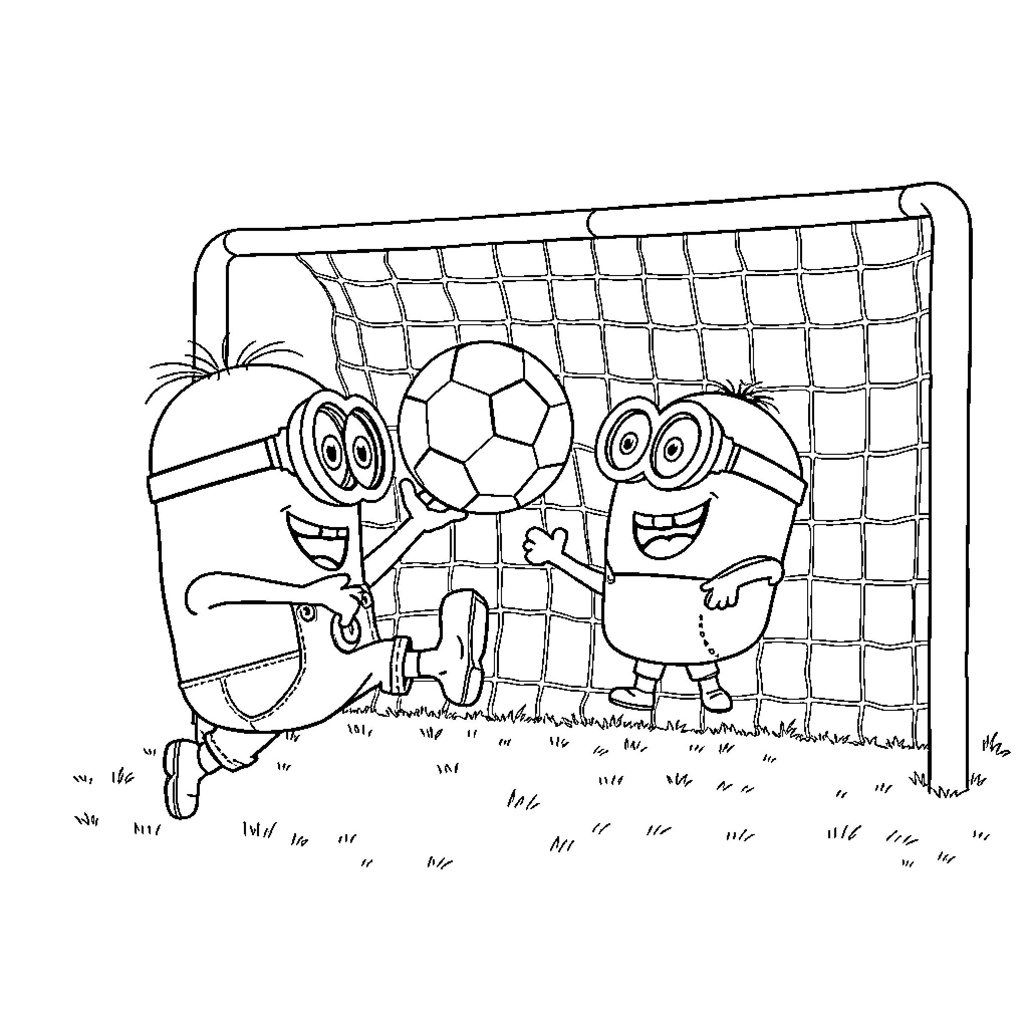 Minions Playing Soccer Together on the Field Coloring Page (free black-and-white line drawing printable PDF for all, from beginners to advanced learners, including children, teens, adults, and seniors)