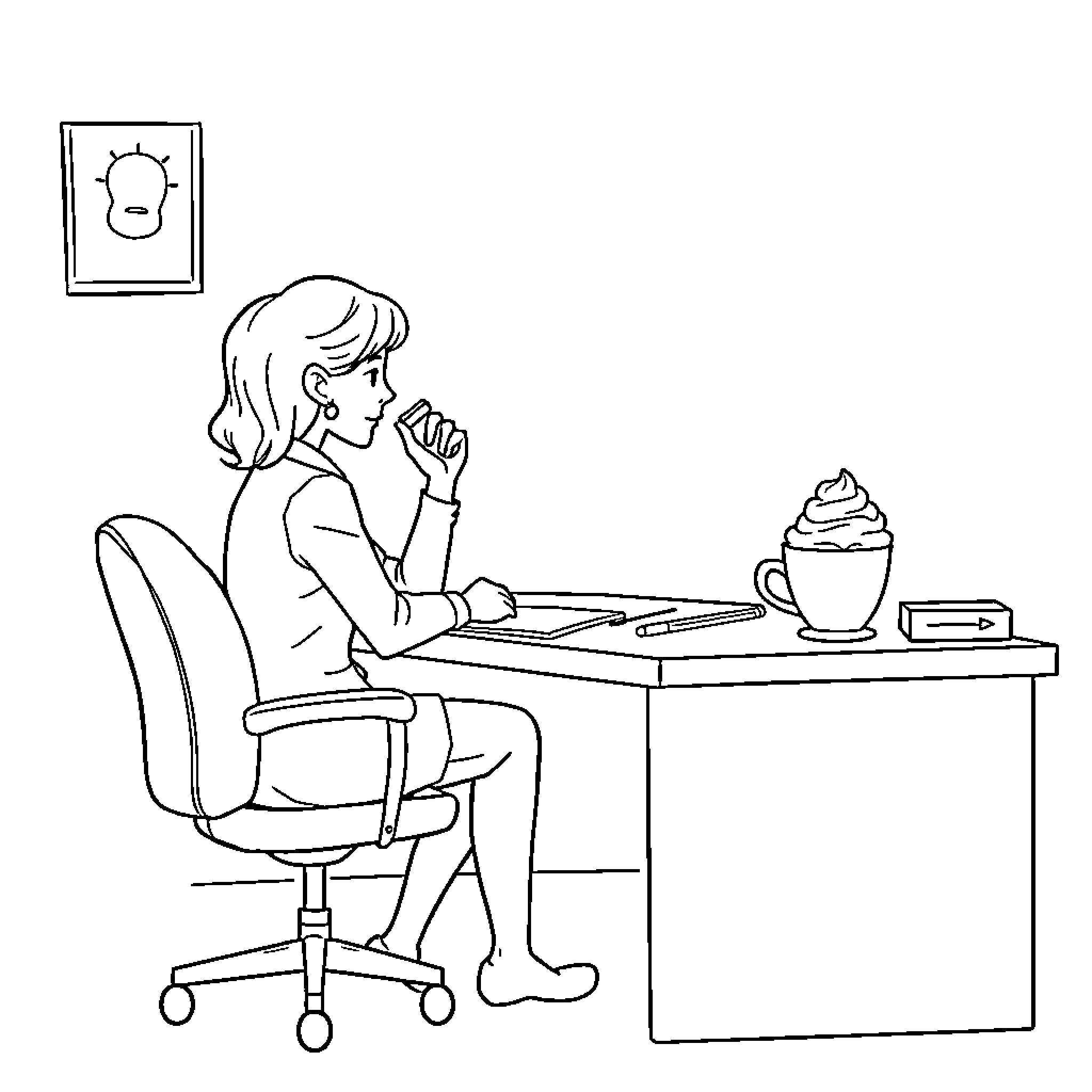 Boss Brainstorming at Desk with Beverage Coloring Page (free black-and-white line drawing printable PDF for all, from beginners to advanced learners, including children, teens, adults, and seniors)