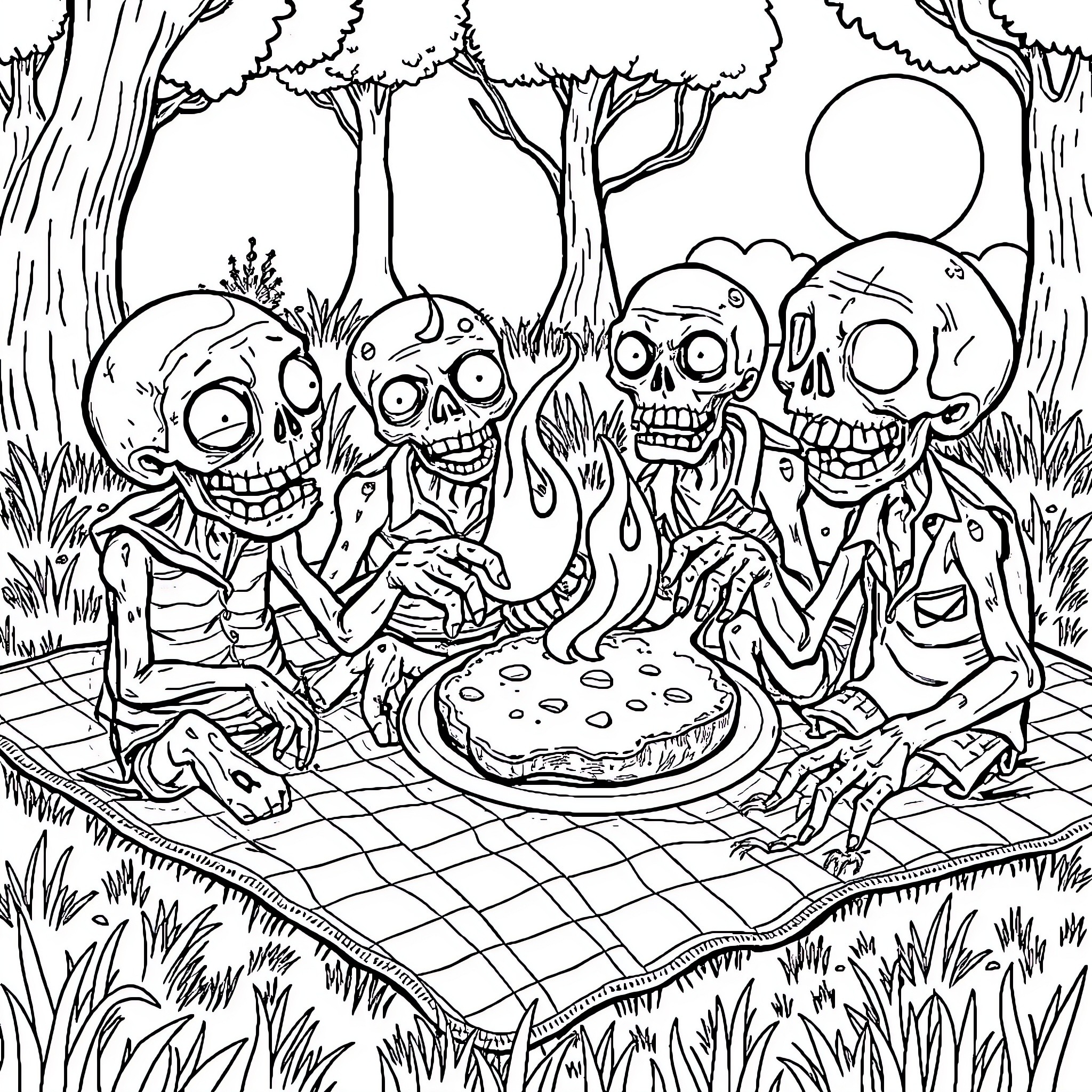 Zombie Picnic in the Eerie Forest Coloring Page (free black-and-white line drawing printable PDF for all, from beginners to advanced learners, including children, teens, adults, and seniors)