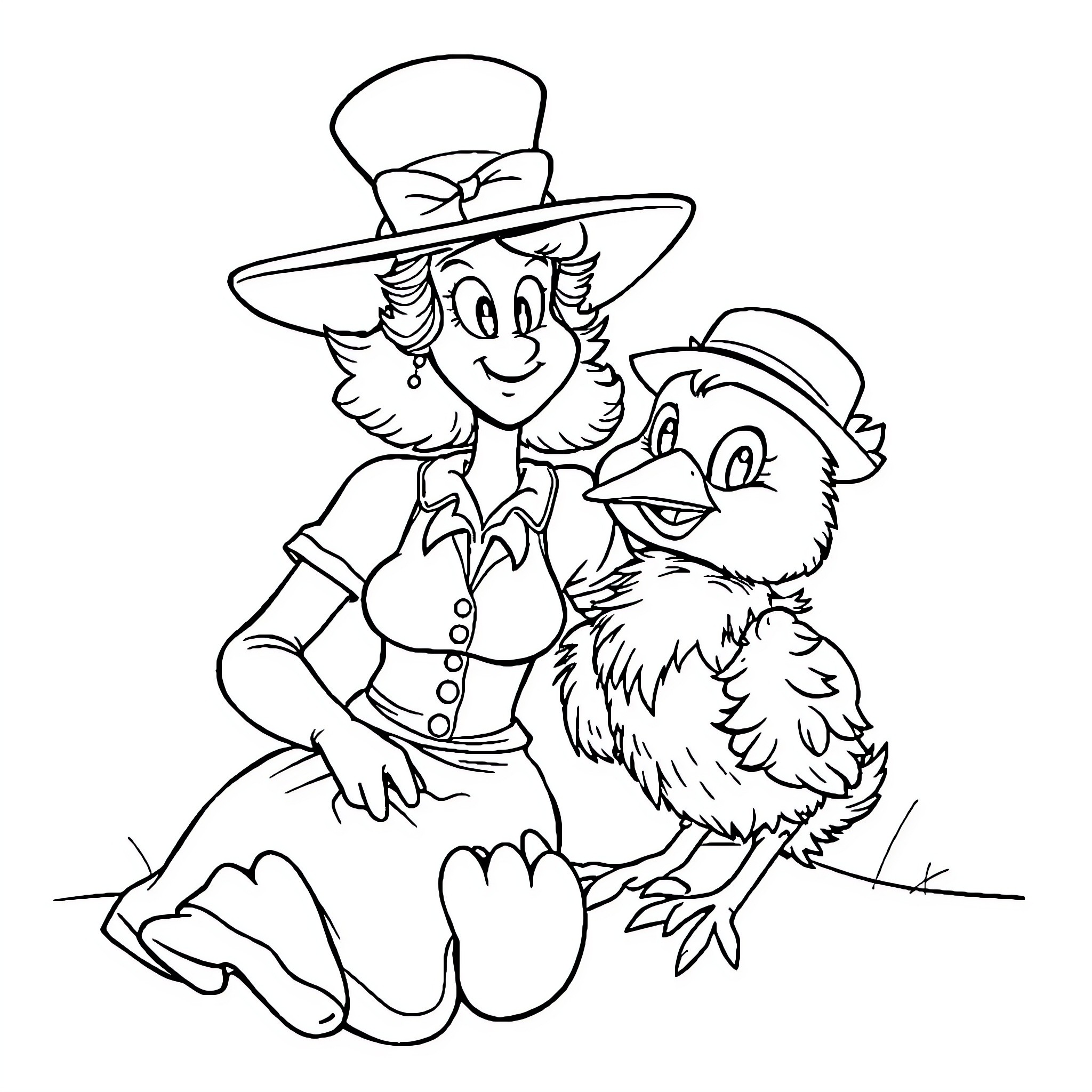 Mrs Jack's Whimsical Encounter with a Feathered Friend Coloring Page (free black-and-white line drawing printable PDF for all, from beginners to advanced learners, including children, teens, adults, and seniors)
