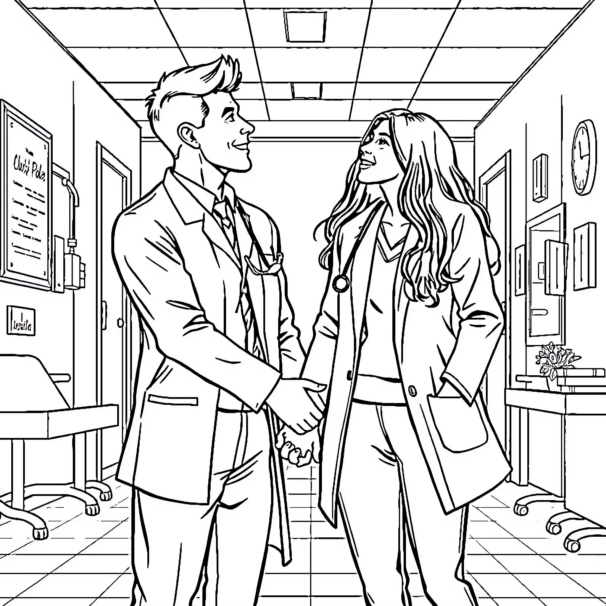 Doctor's Conversation in the Hospital Hallway Coloring Page (free black-and-white line drawing printable PDF for all, from beginners to advanced learners, including children, teens, adults, and seniors)