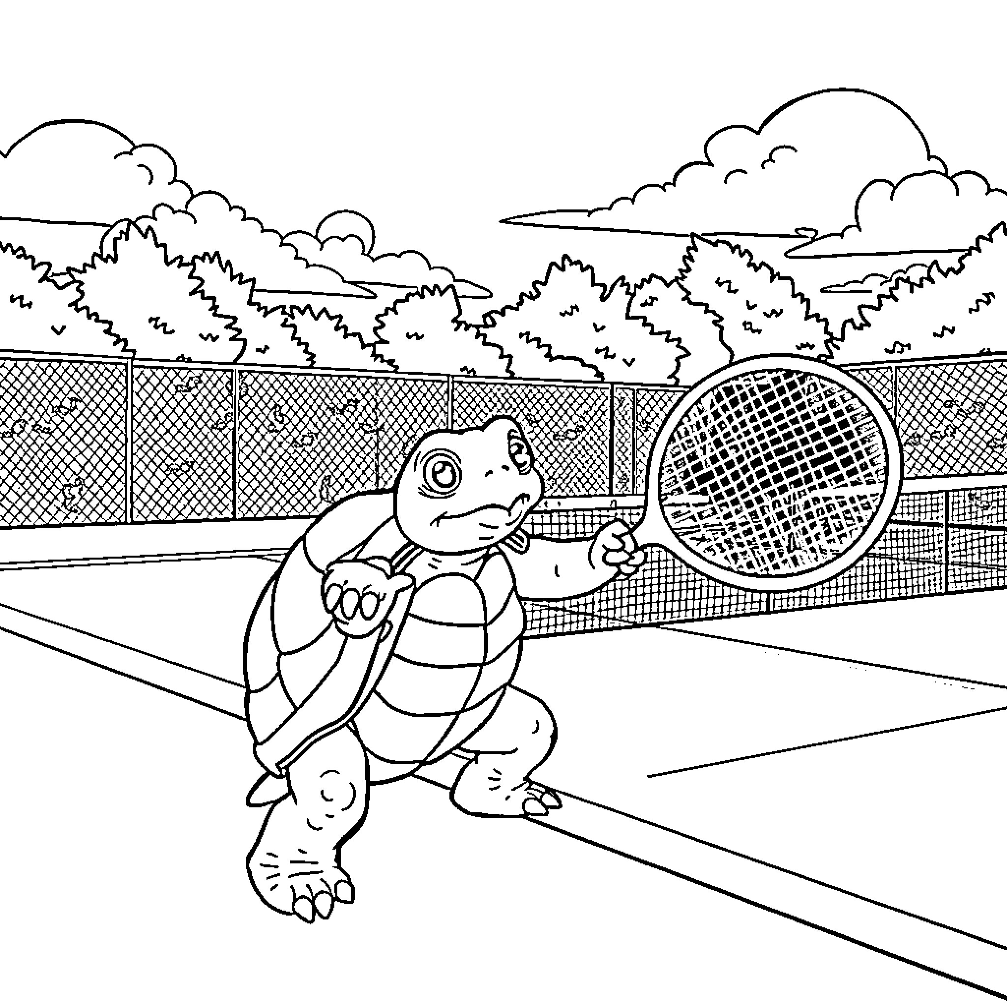 Turtle playing tennis on the court Coloring Page (free black-and-white line drawing printable PDF for all, from beginners to advanced learners, including children, teens, adults, and seniors)
