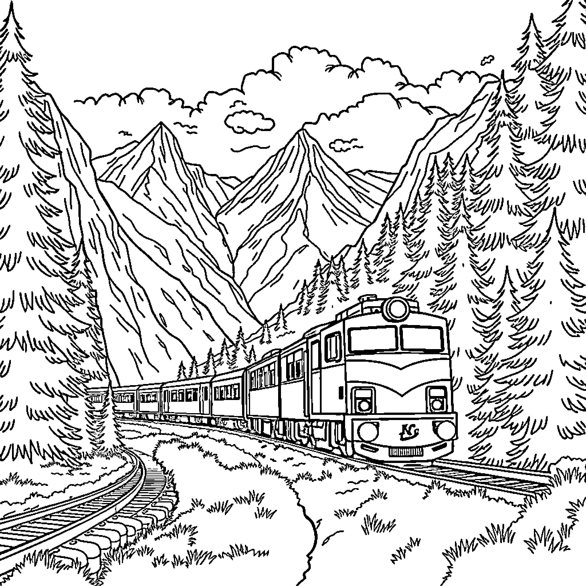 Train traveling through majestic mountain scenery Coloring Page (free black-and-white line drawing printable PDF for all, from beginners to advanced learners, including children, teens, adults, and seniors)