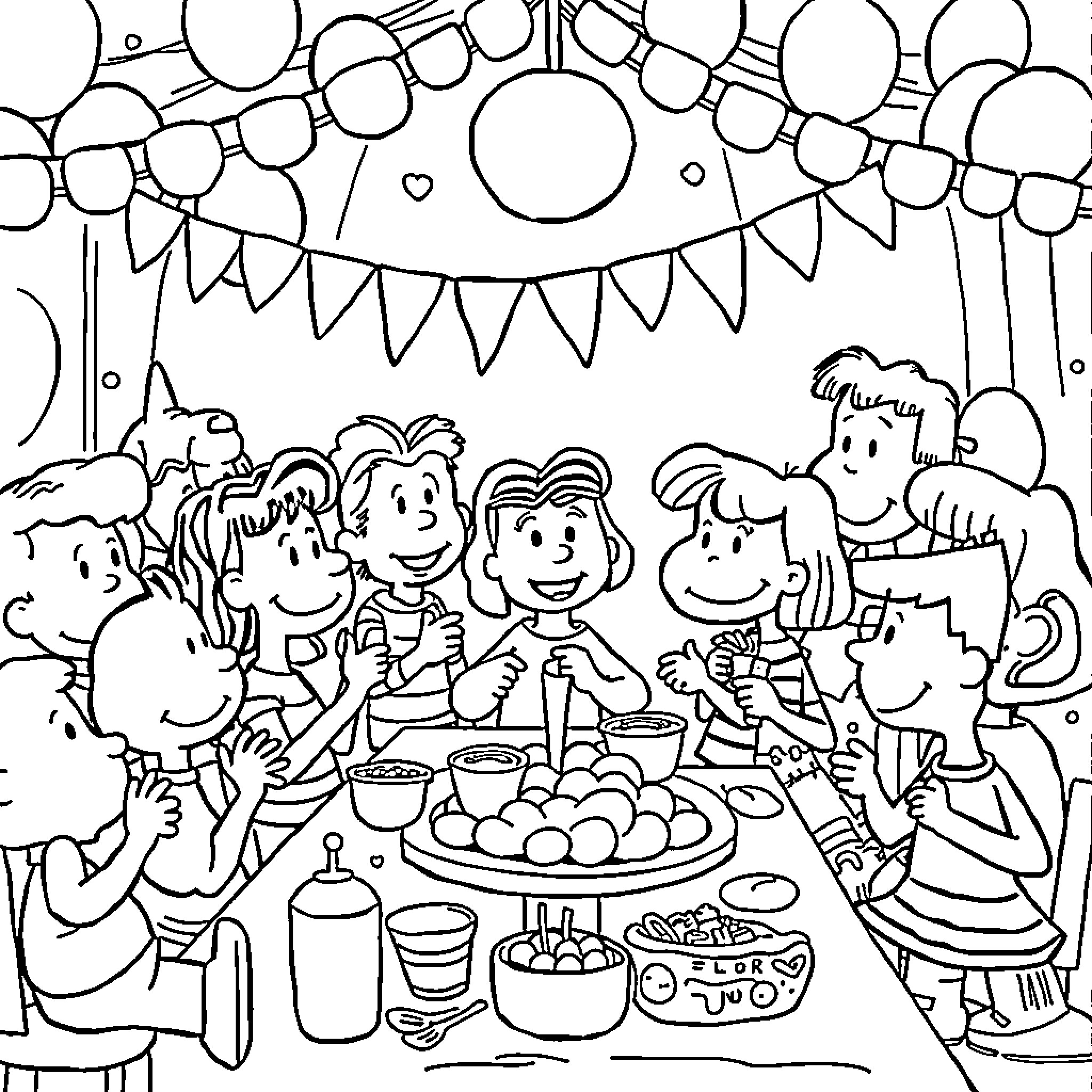 Peanut-themed party with friends enjoying food and decorations Coloring Page (free black-and-white line drawing printable PDF for all, from beginners to advanced learners, including children, teens, adults, and seniors)