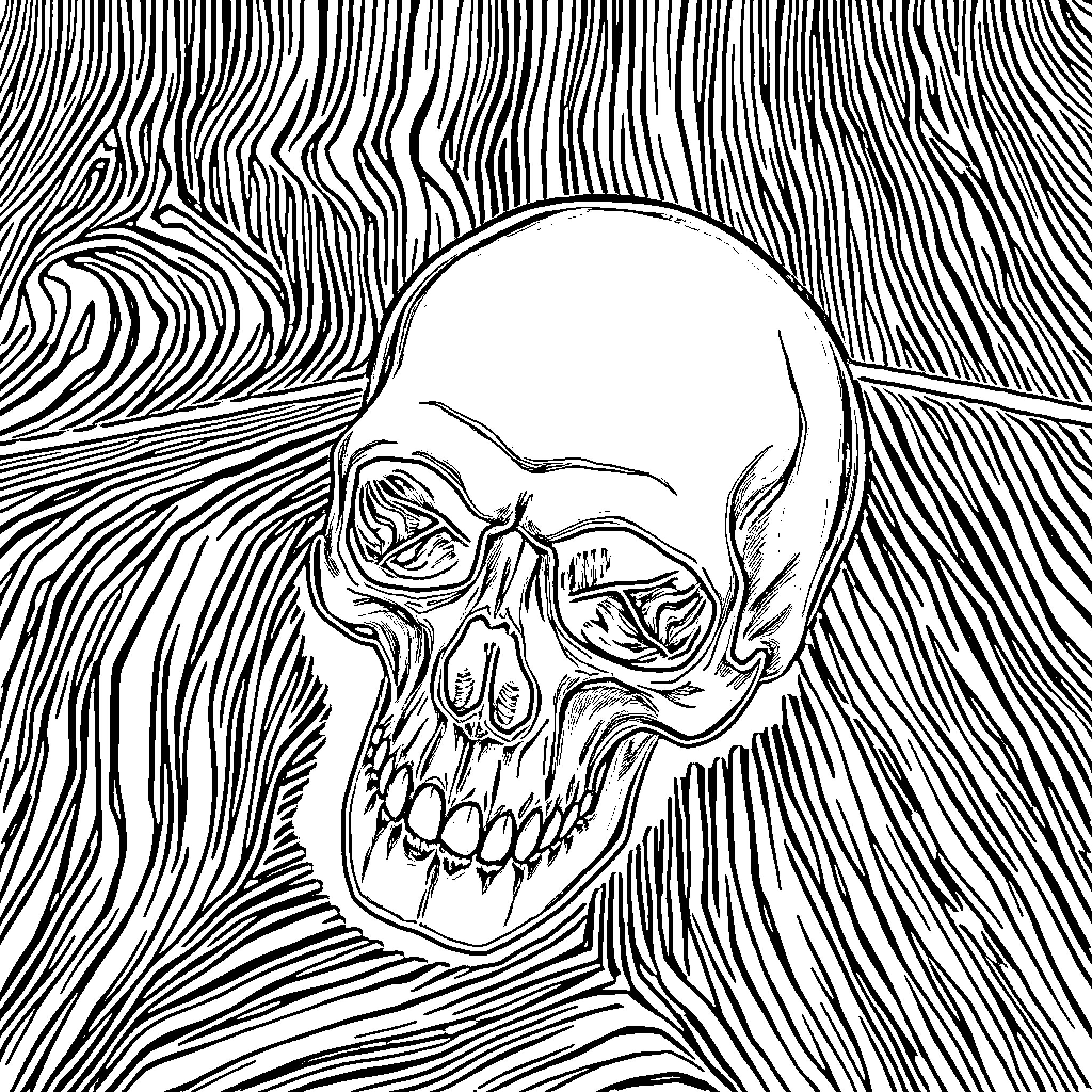 Skull emerging from abstract patterns Coloring Page (free black-and-white line drawing printable PDF for all, from beginners to advanced learners, including children, teens, adults, and seniors)