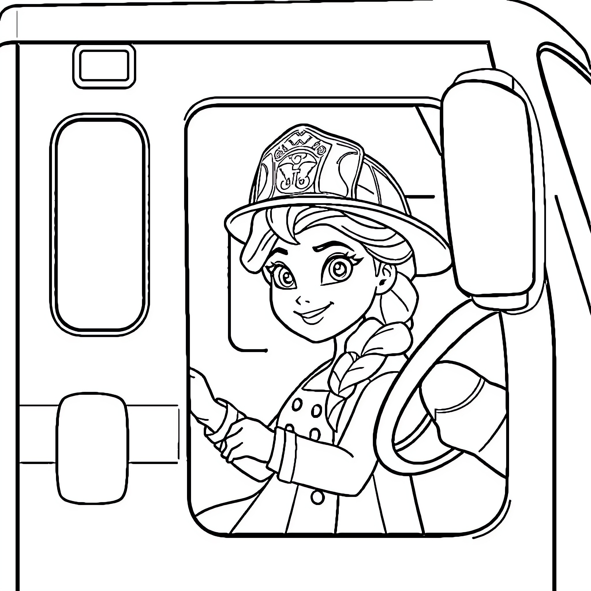 Elsa as a brave firefighter in uniform Coloring Page (free black-and-white line drawing printable PDF for all, from beginners to advanced learners, including children, teens, adults, and seniors)