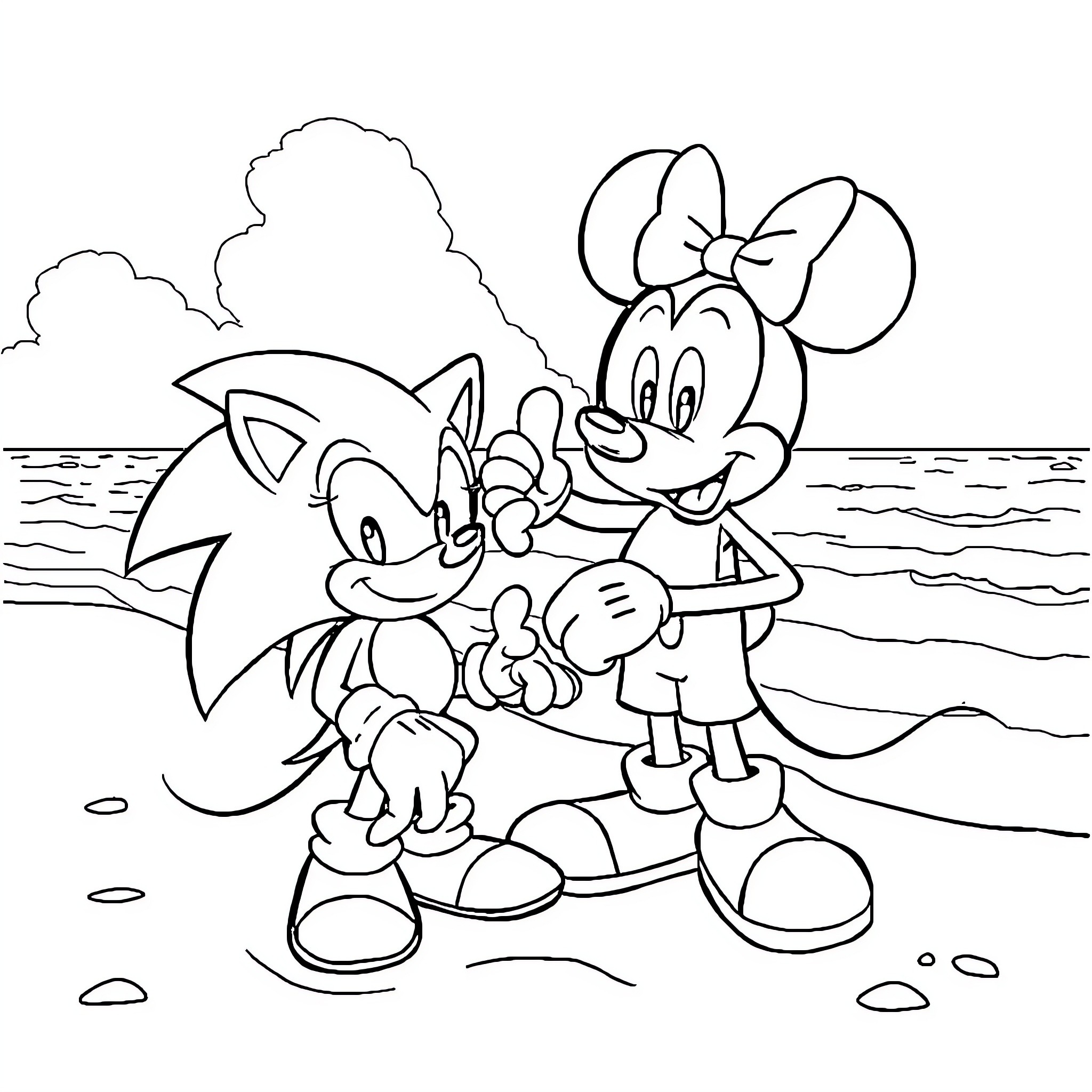 Sonic and Minnie Mouse enjoy a beach outing Coloring Page (free black-and-white line drawing printable PDF for all, from beginners to advanced learners, including children, teens, adults, and seniors)
