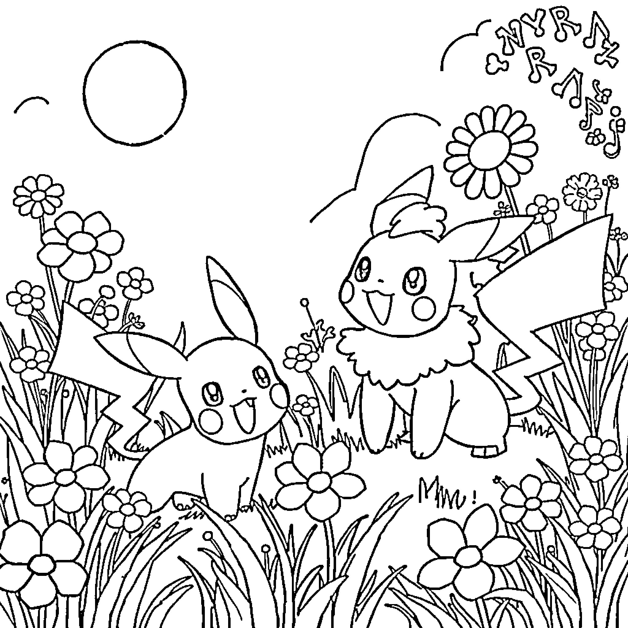 Pokémon characters playing in a floral field Coloring Page (free black-and-white line drawing printable PDF for all, from beginners to advanced learners, including children, teens, adults, and seniors)