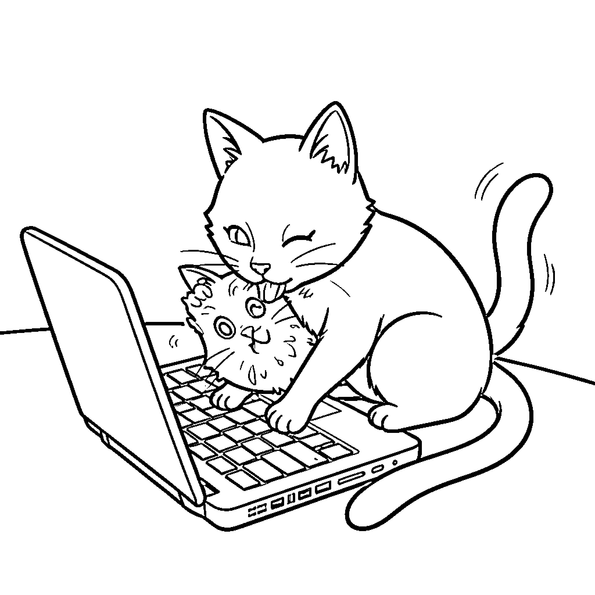 Cat typing on a laptop Coloring Page (free black-and-white line drawing printable PDF for all, from beginners to advanced learners, including children, teens, adults, and seniors)