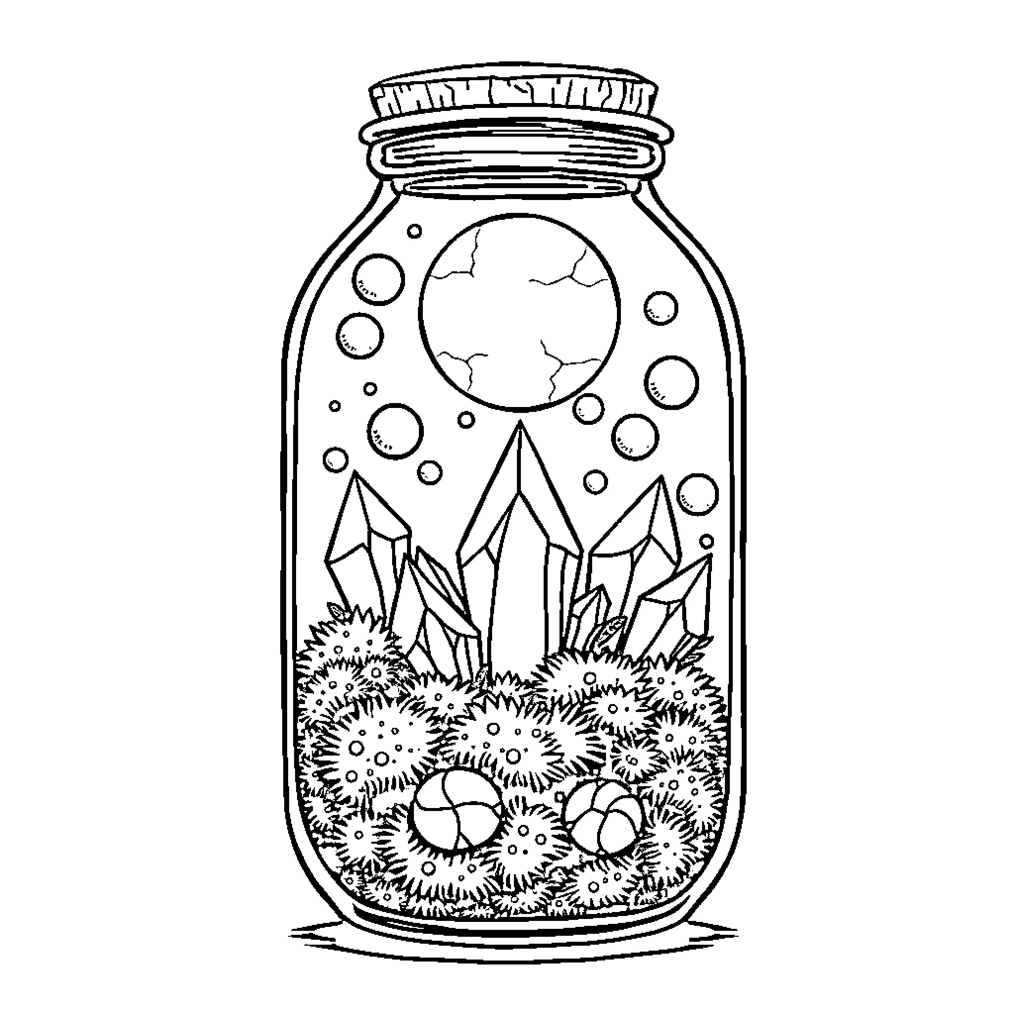 Crystal Terrarium with Rocks and Flowers Coloring Page (free black-and-white line drawing printable PDF for all, from beginners to advanced learners, including children, teens, adults, and seniors)