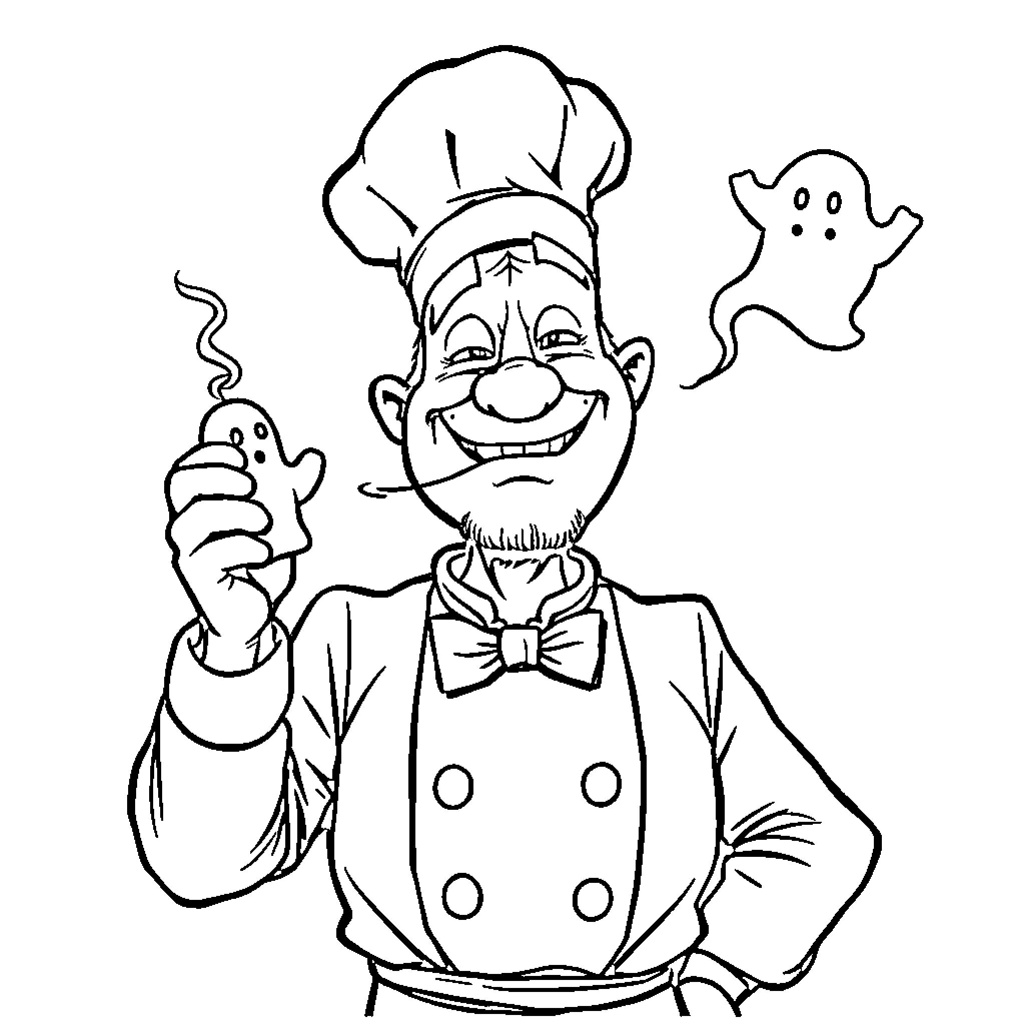 Chef cooking with a happy, spooky expression Coloring Page (free black-and-white line drawing printable PDF for all, from beginners to advanced learners, including children, teens, adults, and seniors)