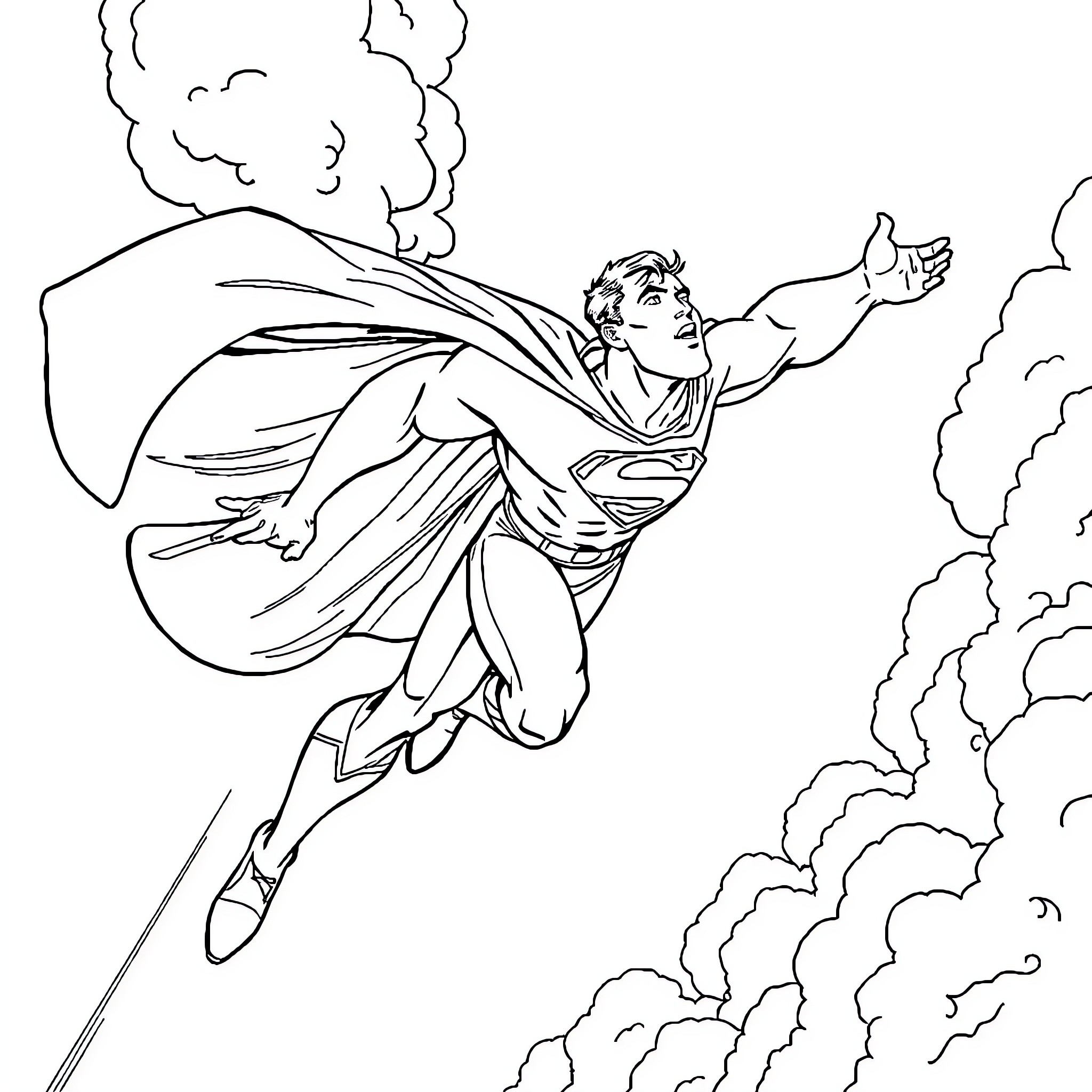 Superman soaring through the skies in action Coloring Page (free black-and-white line drawing printable PDF for all, from beginners to advanced learners, including children, teens, adults, and seniors)