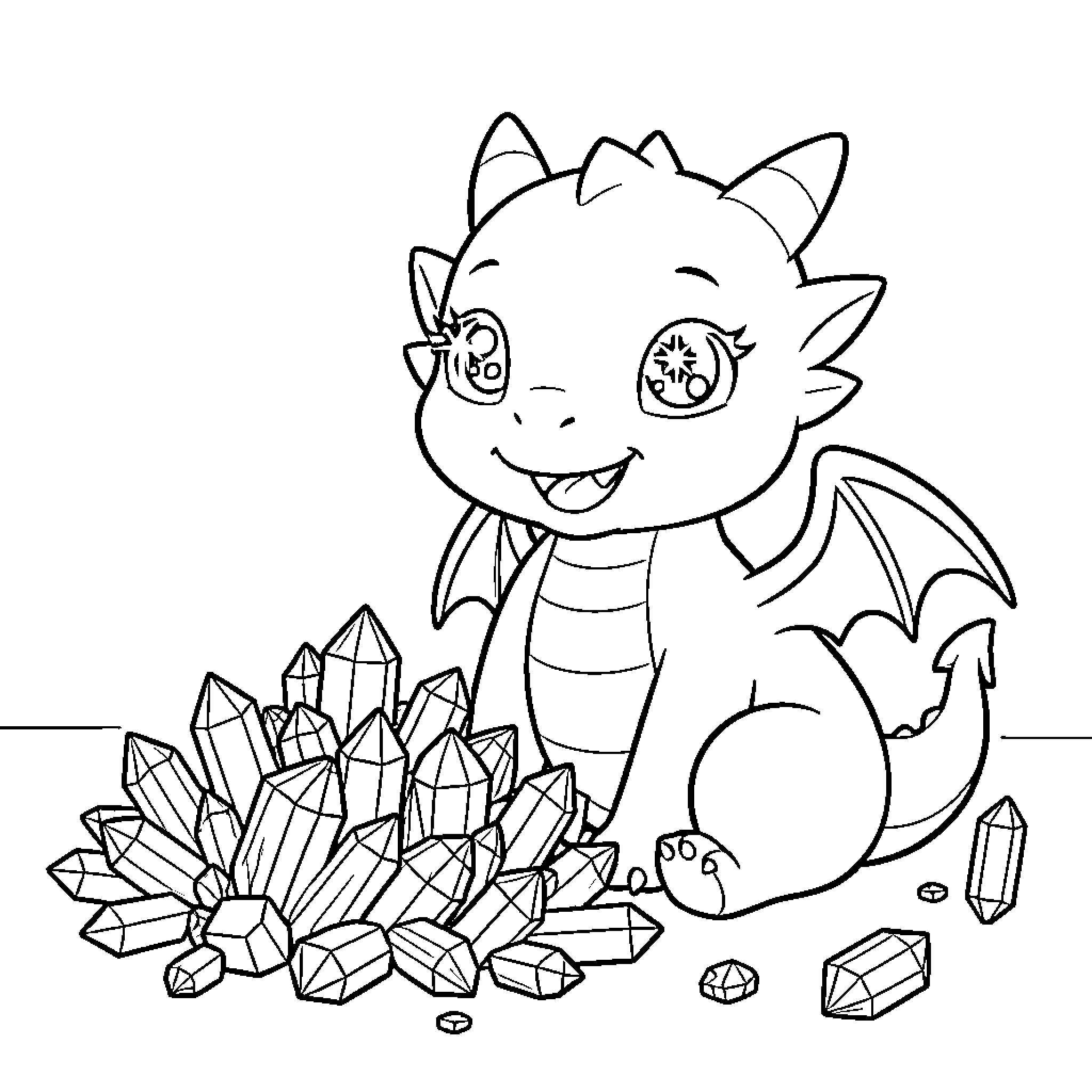 Baby Dragon playing with crystals Coloring Page (free black-and-white line drawing printable PDF for all, from beginners to advanced learners, including children, teens, adults, and seniors)