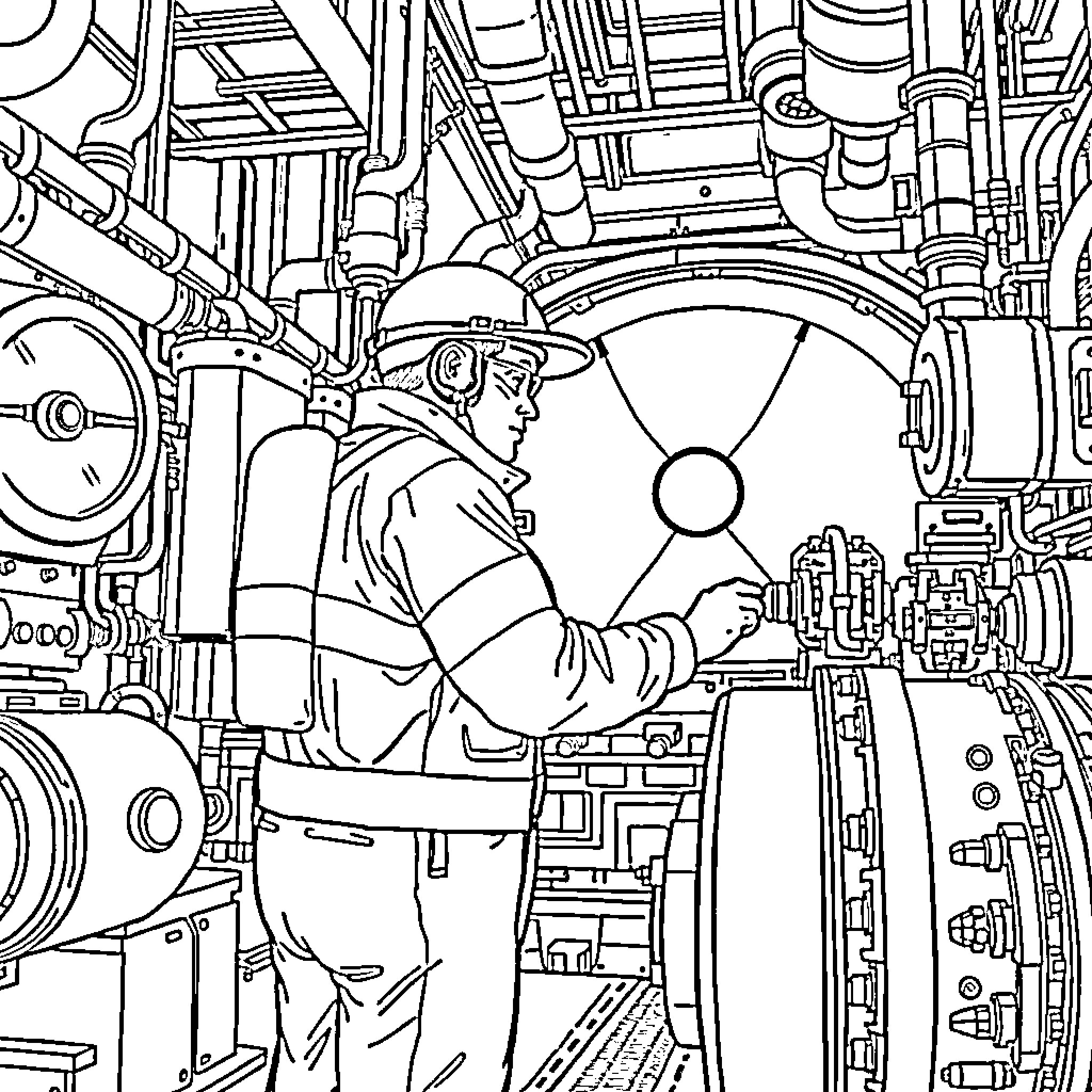 Man operating machinery in industrial setting Coloring Page (free black-and-white line drawing printable PDF for all, from beginners to advanced learners, including children, teens, adults, and seniors)