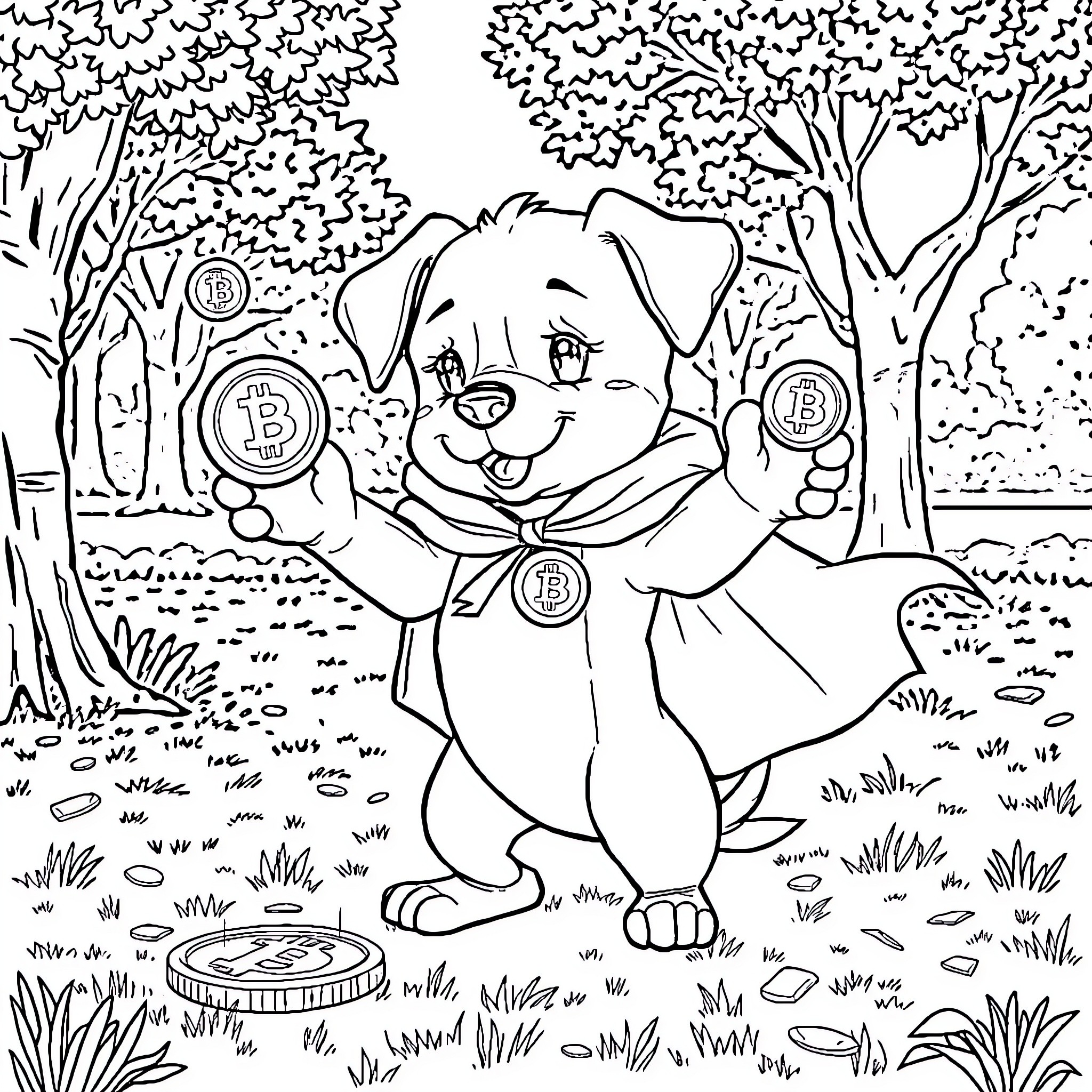 Puppy exploring a whimsical woodland scene Coloring Page (free black-and-white line drawing printable PDF for all, from beginners to advanced learners, including children, teens, adults, and seniors)