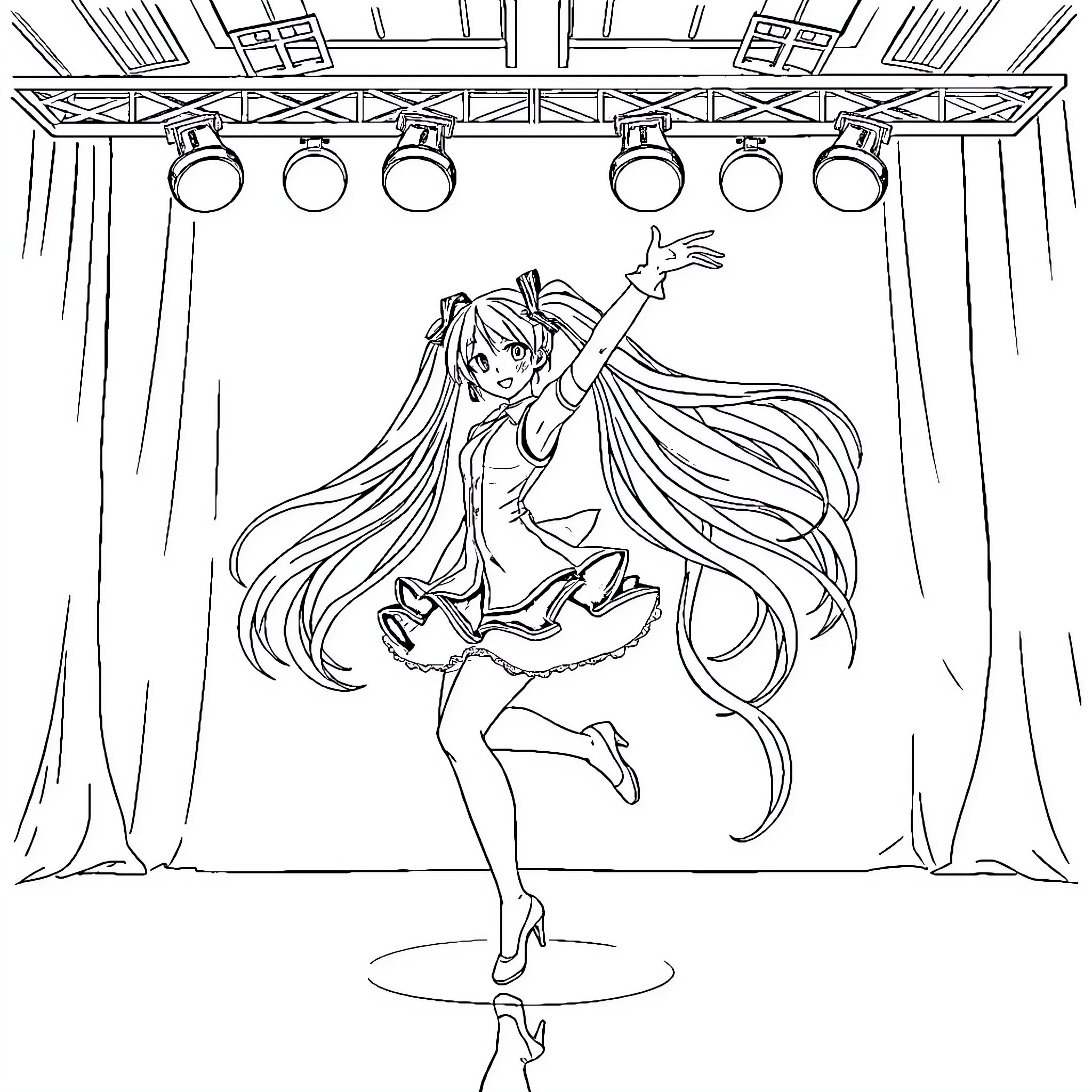 Miku performing on stage with long flowing hair Coloring Page (free black-and-white line drawing printable PDF for all, from beginners to advanced learners, including children, teens, adults, and seniors)