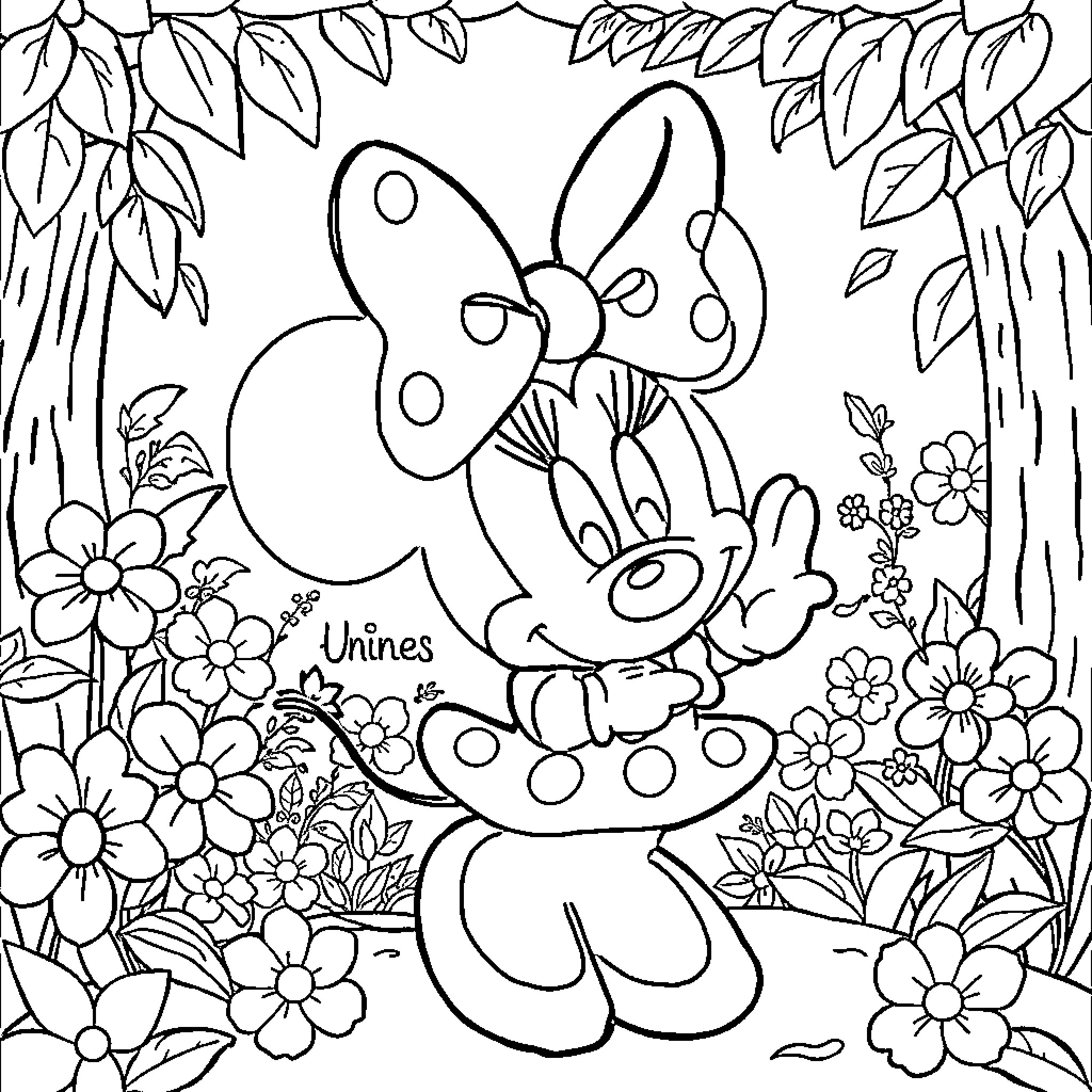 Minnie enjoying flowers and greenery in the garden Coloring Page (free black-and-white line drawing printable PDF for all, from beginners to advanced learners, including children, teens, adults, and seniors)