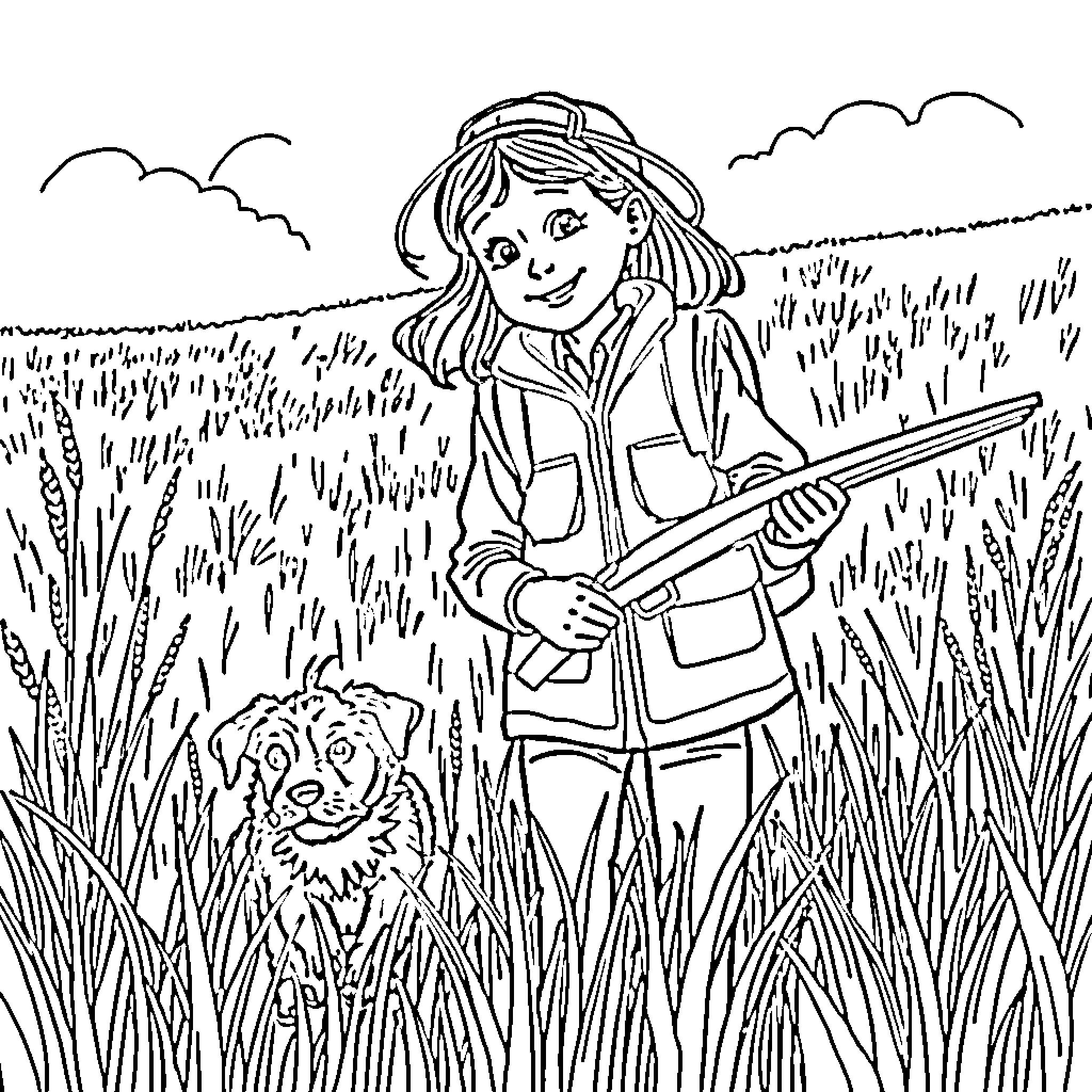 Girl Exploring the Outdoors with Her Loyal Companion Coloring Page (free black-and-white line drawing printable PDF for all, from beginners to advanced learners, including children, teens, adults, and seniors)