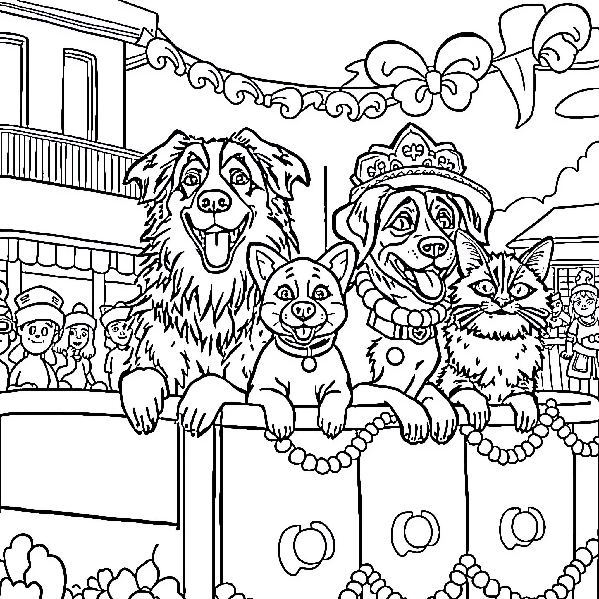Dog and Pets Enjoying Carnival Festivities Coloring Page (free black-and-white line drawing printable PDF for all, from beginners to advanced learners, including children, teens, adults, and seniors)