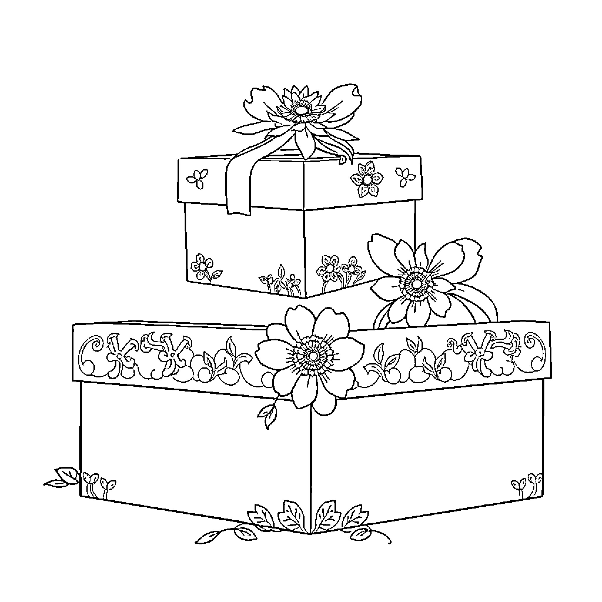 Box with Floral Decorations Coloring Page (free black-and-white line drawing printable PDF for all, from beginners to advanced learners, including children, teens, adults, and seniors)