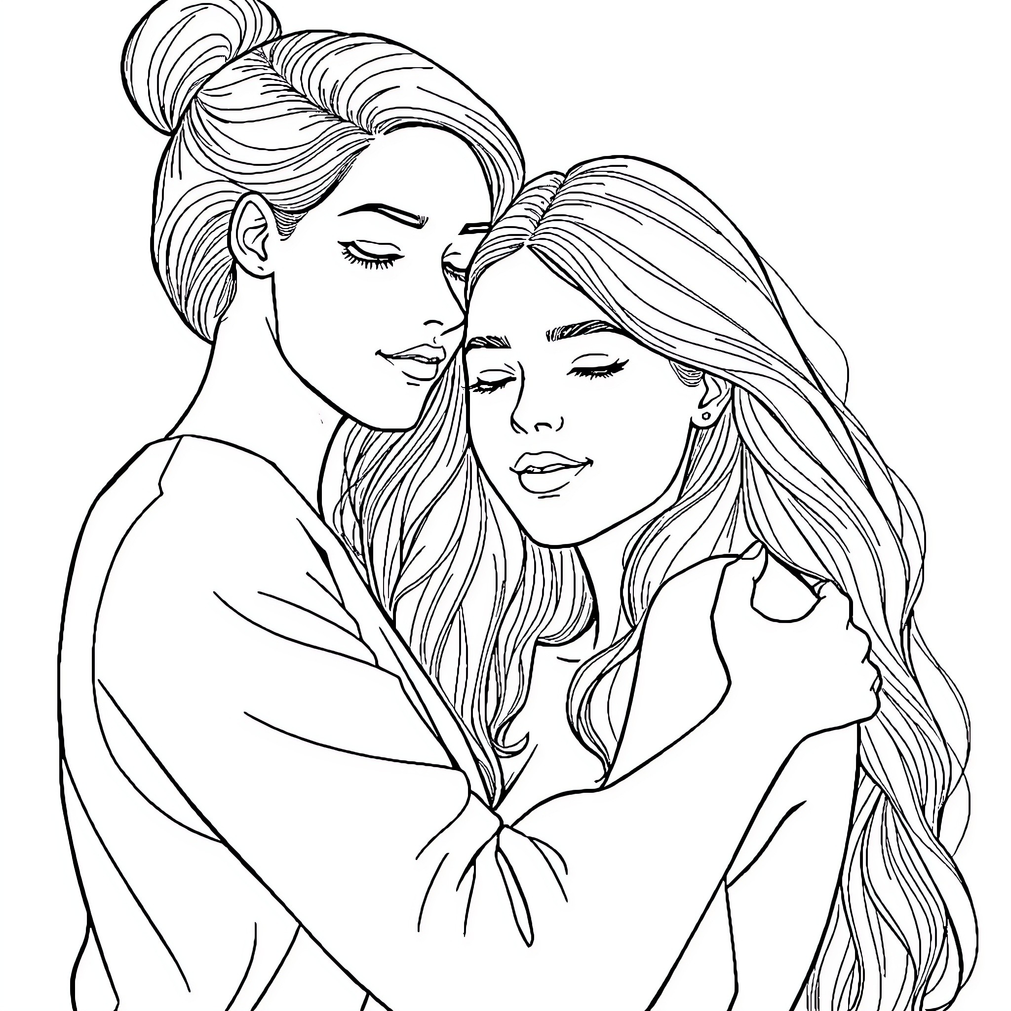 Couple embracing with affection Coloring Page (free black-and-white line drawing printable PDF for all, from beginners to advanced learners, including children, teens, adults, and seniors)