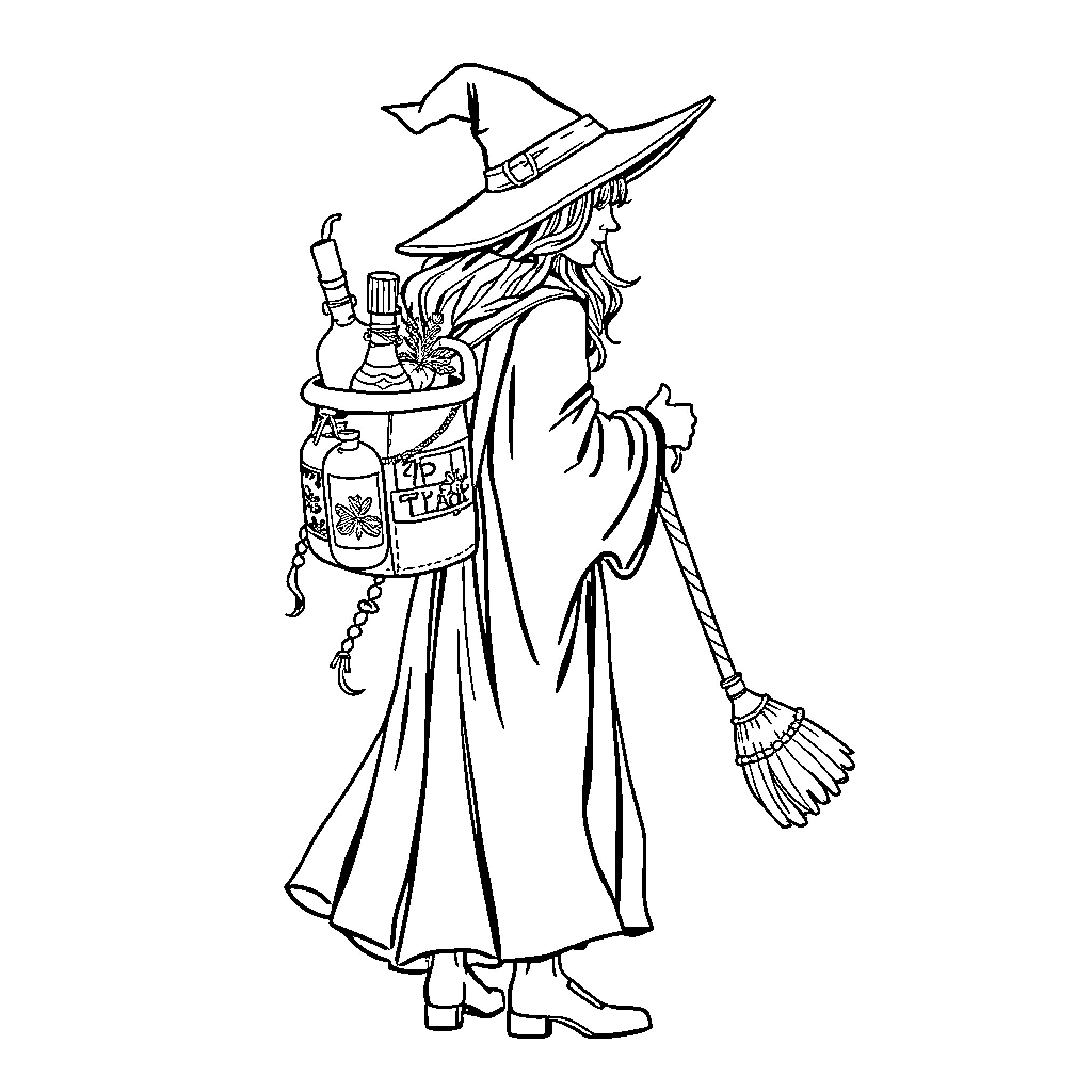 Witch with Potion Ingredients and Broom Coloring Page (free black-and-white line drawing printable PDF for all, from beginners to advanced learners, including children, teens, adults, and seniors)