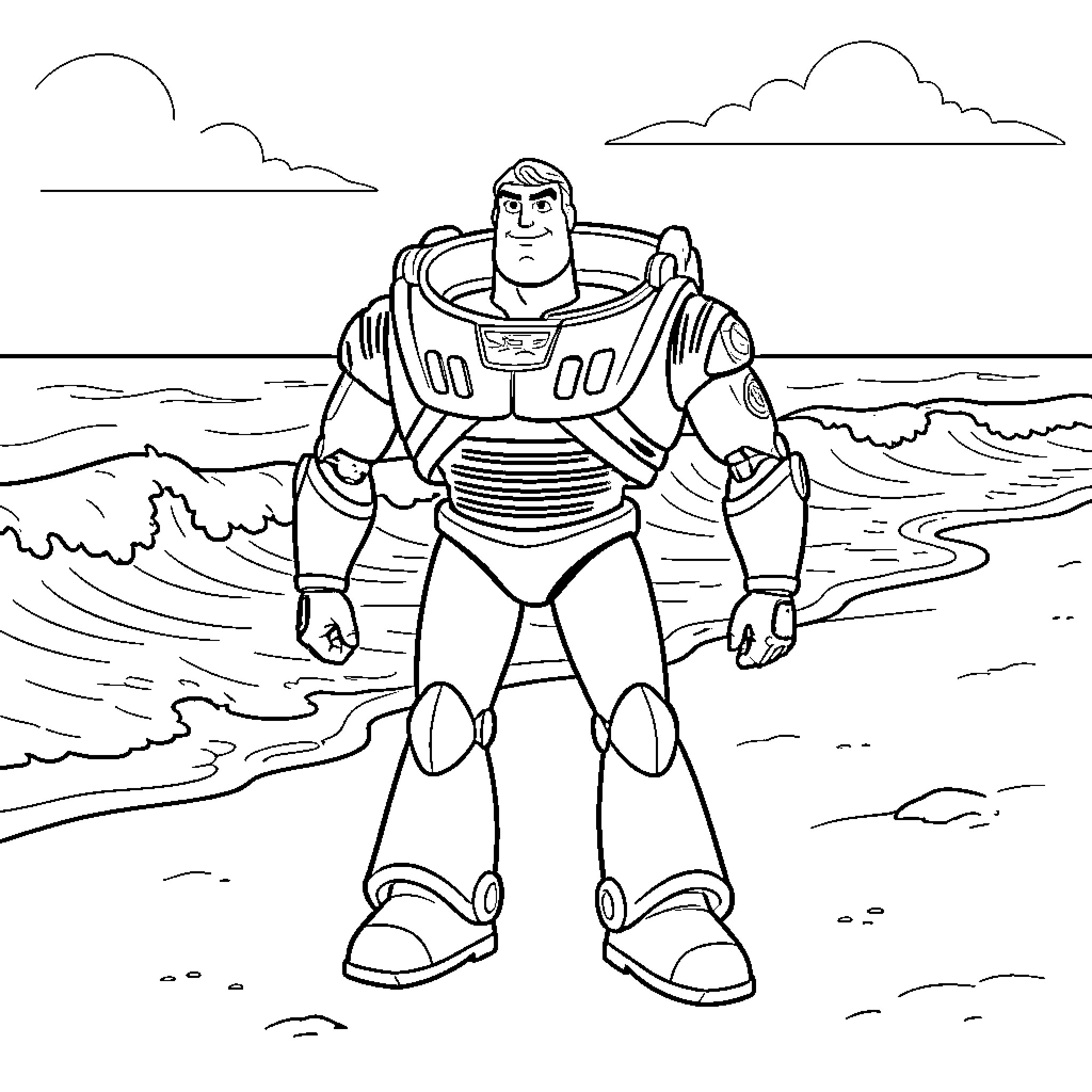 Buzz Lightyear standing confidently on a sandy beach Coloring Page (free black-and-white line drawing printable PDF for all, from beginners to advanced learners, including children, teens, adults, and seniors)
