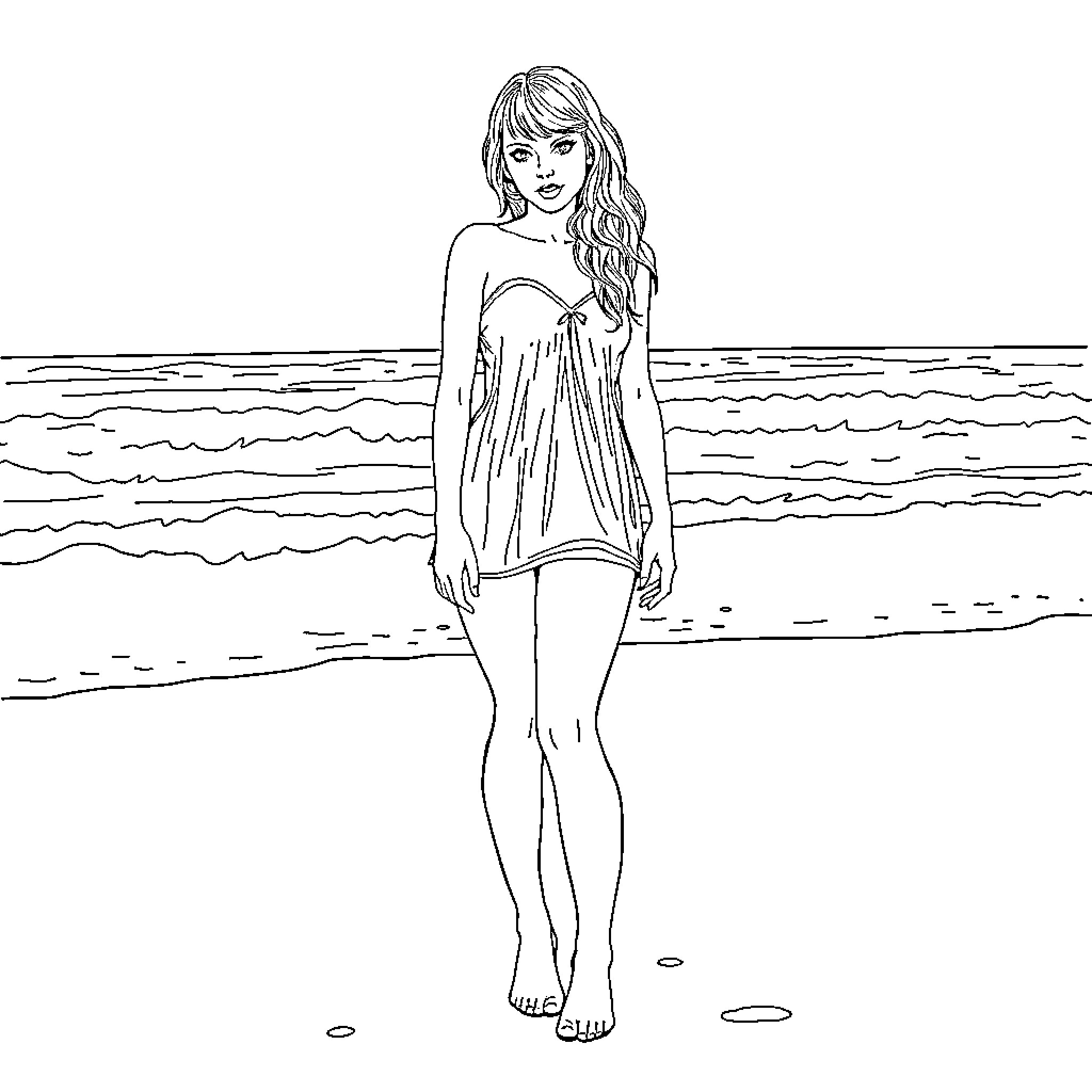 Taylor Swift posing gracefully on the beach Coloring Page (free black-and-white line drawing printable PDF for all, from beginners to advanced learners, including children, teens, adults, and seniors)