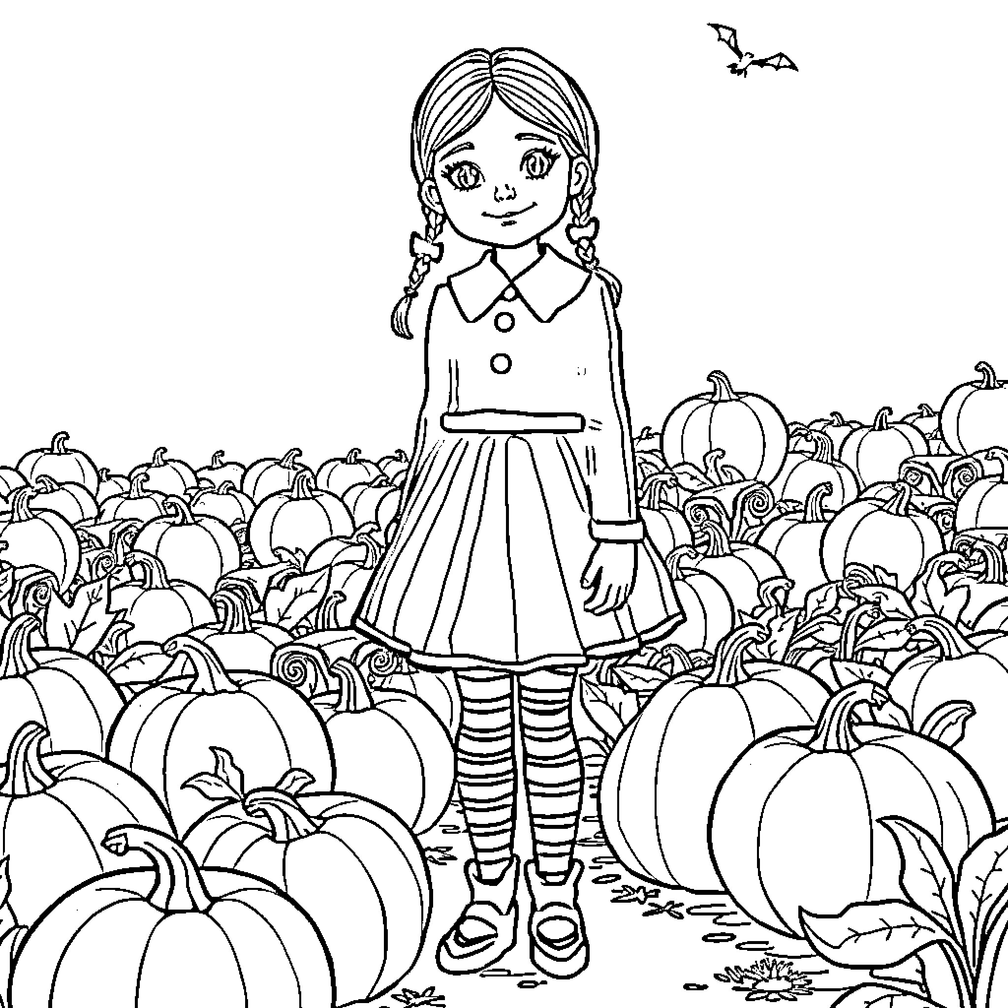 Girl exploring pumpkin patch on autumn day Coloring Page (free black-and-white line drawing printable PDF for all, from beginners to advanced learners, including children, teens, adults, and seniors)