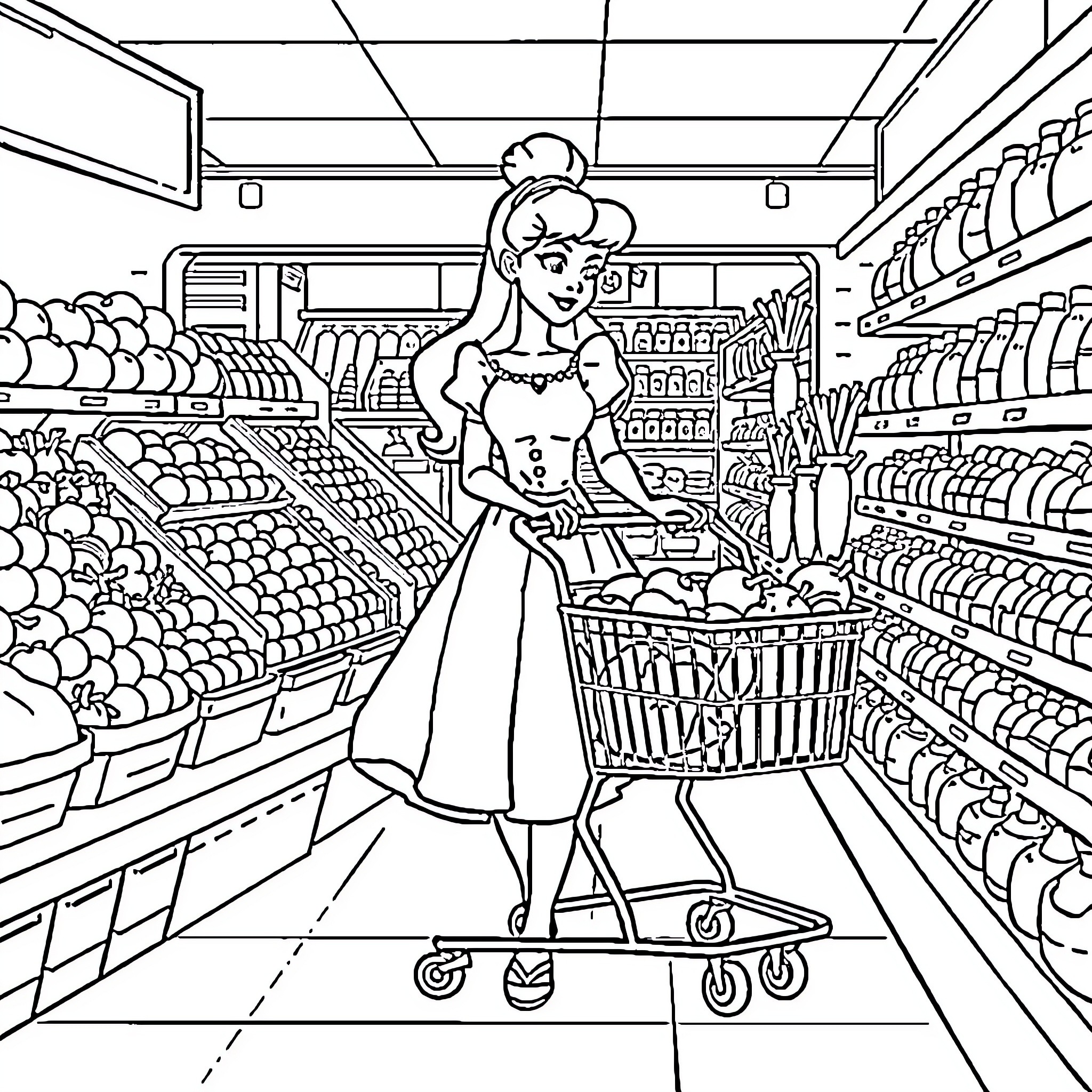Cinderella's Shopping Trip in the Grocery Store Coloring Page (free black-and-white line drawing printable PDF for all, from beginners to advanced learners, including children, teens, adults, and seniors)