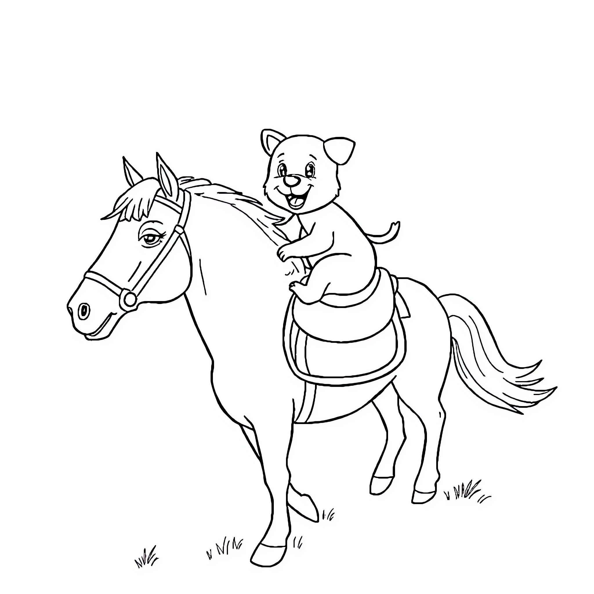 Dog happily riding on a horse Coloring Page (free black-and-white line drawing printable PDF for all, from beginners to advanced learners, including children, teens, adults, and seniors)