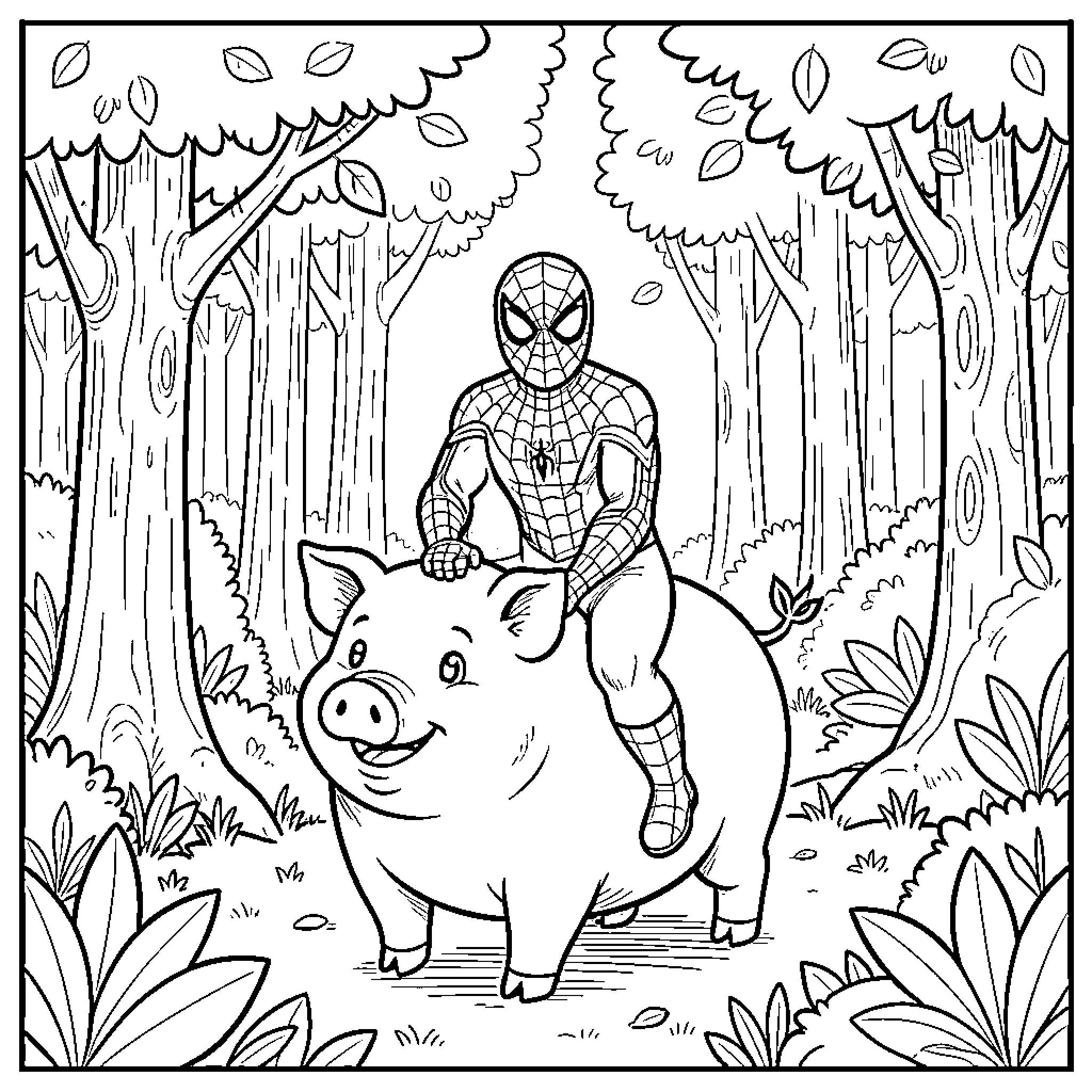 Spider-Man riding a large pig through a forest Coloring Page (free black-and-white line drawing printable PDF for all, from beginners to advanced learners, including children, teens, adults, and seniors)