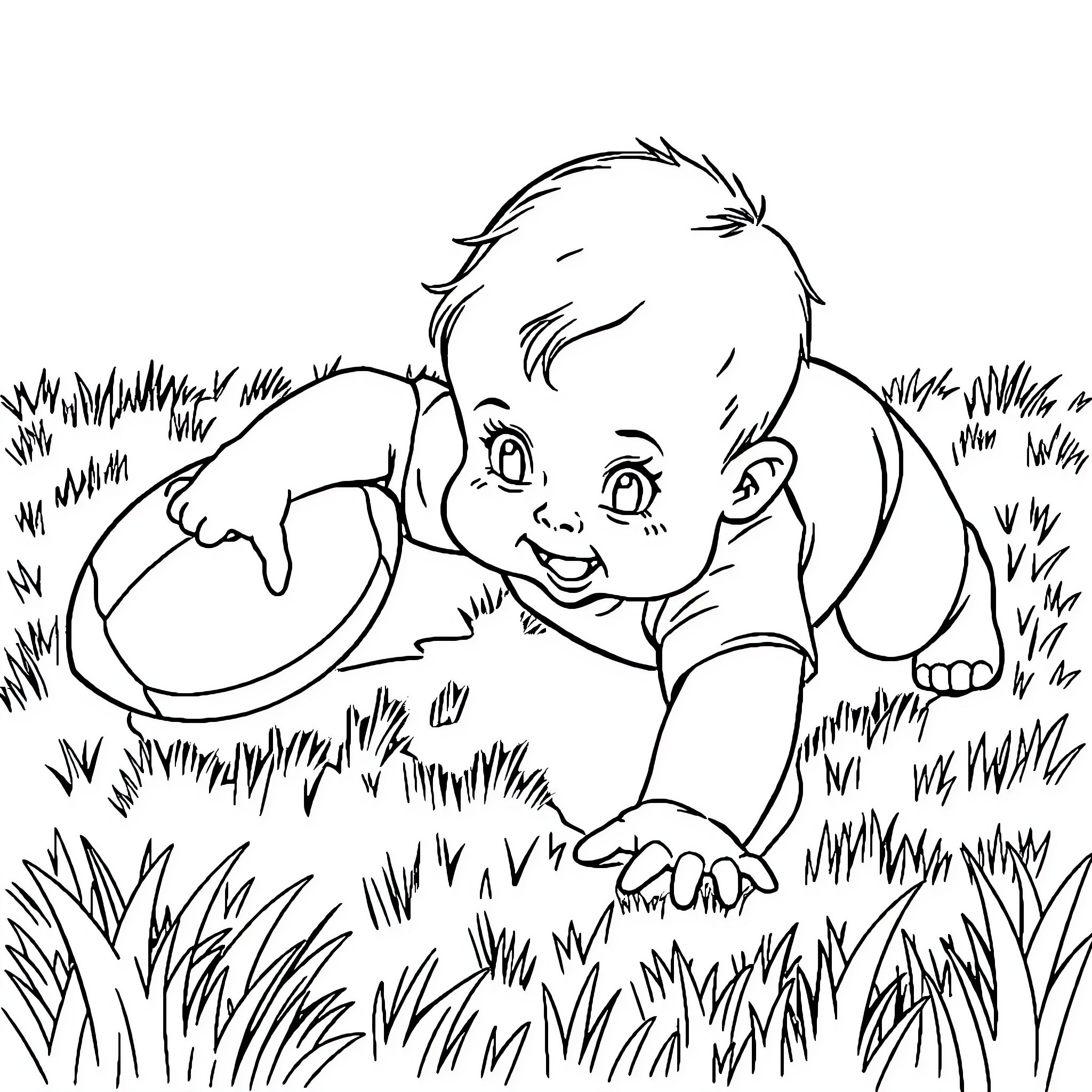 Baby playing joyfully in the grass Coloring Page (free black-and-white line drawing printable PDF for all, from beginners to advanced learners, including children, teens, adults, and seniors)