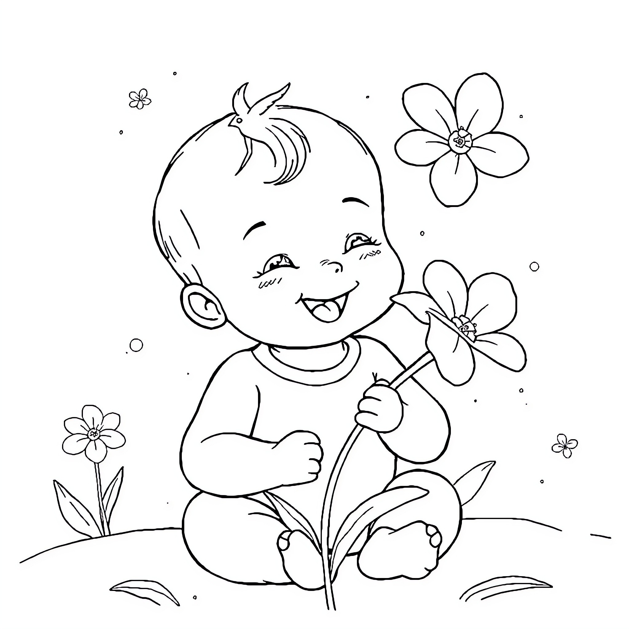Baby joyfully playing with flowers Coloring Page (free black-and-white line drawing printable PDF for all, from beginners to advanced learners, including children, teens, adults, and seniors)