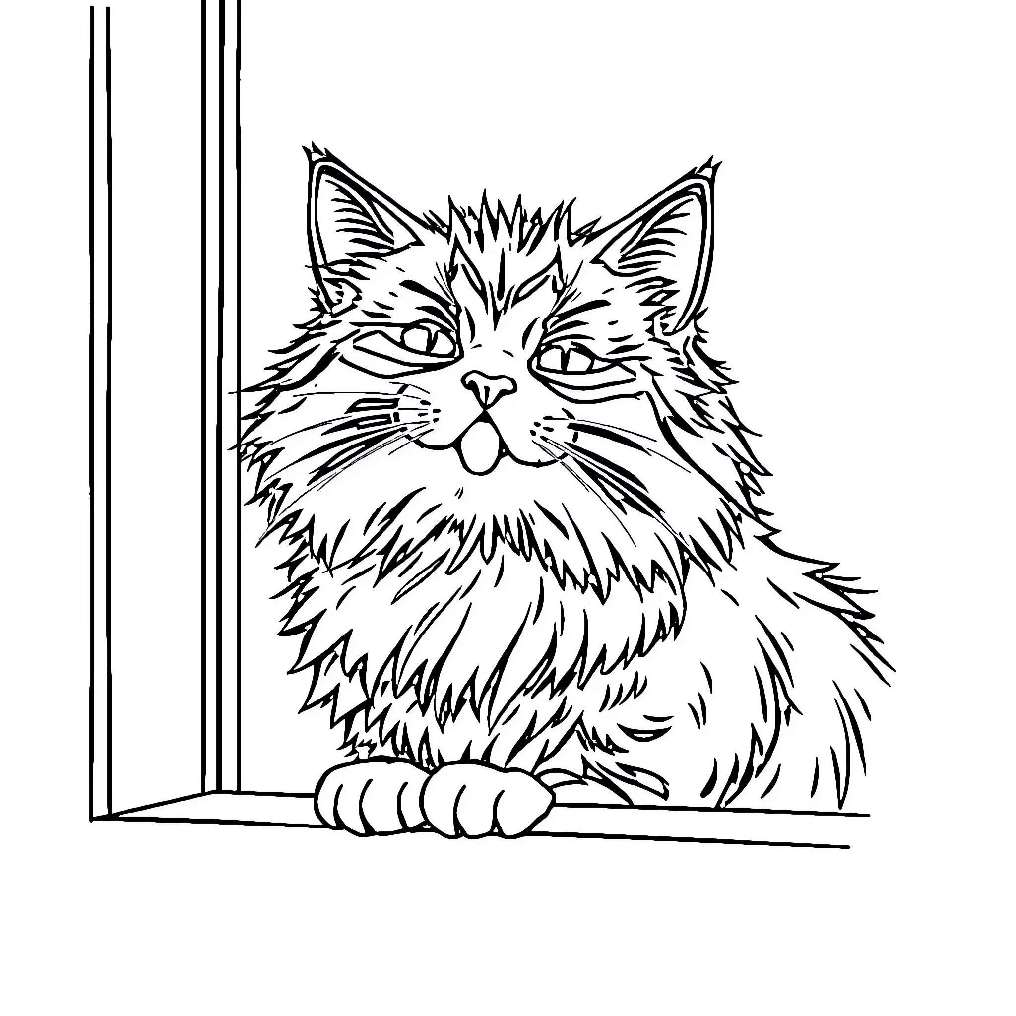 Cat Sitting at Window Coloring Page (free black-and-white line drawing printable PDF for all, from beginners to advanced learners, including children, teens, adults, and seniors)