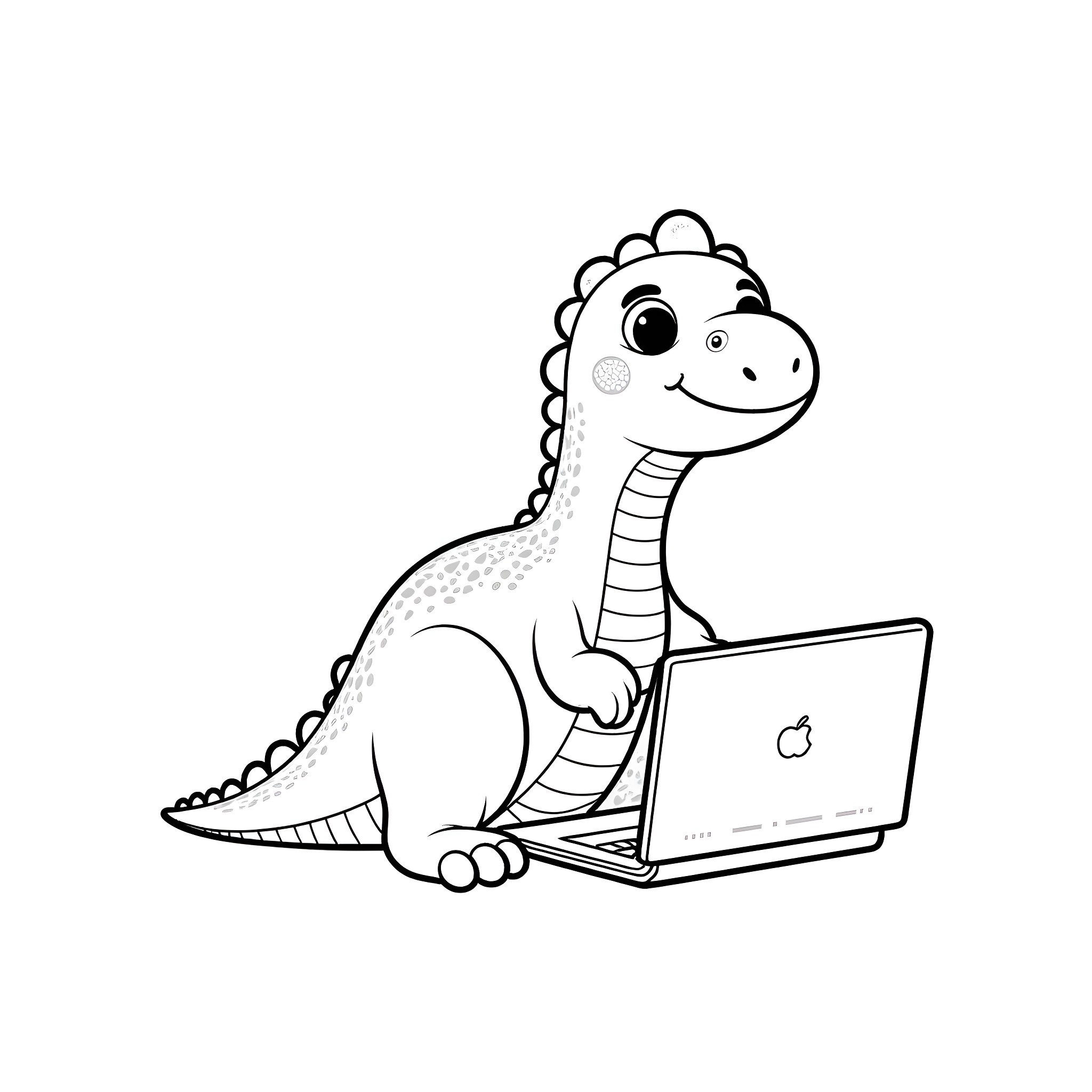 Dinosaur using laptop computer Coloring Page (free black-and-white line drawing printable PDF for all, from beginners to advanced learners, including children, teens, adults, and seniors)
