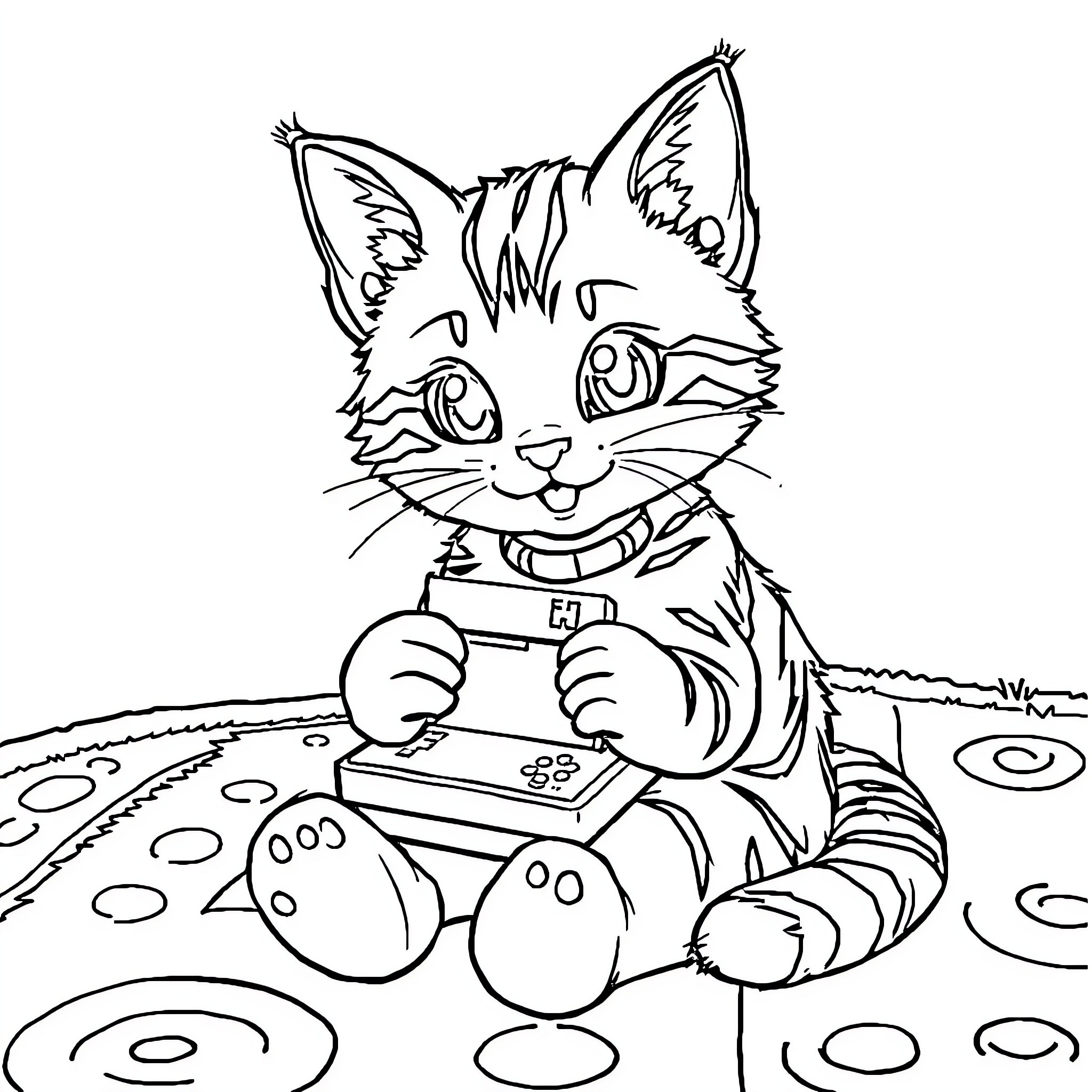 Cinnamon the Playful Kitty Enjoys a Game Coloring Page (free black-and-white line drawing printable PDF for all, from beginners to advanced learners, including children, teens, adults, and seniors)